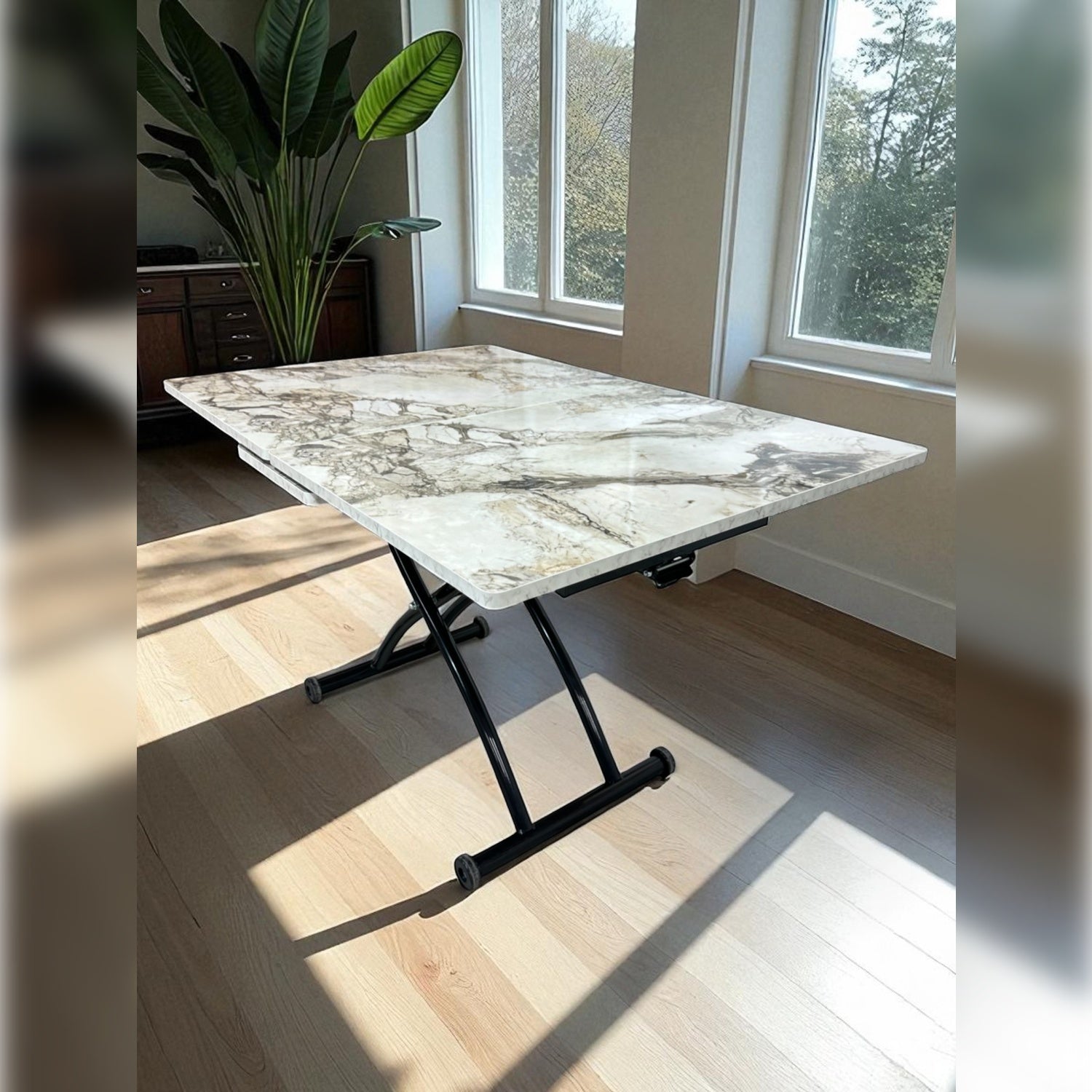 Center Opening Square Smart Table | White Marble MDF & Black