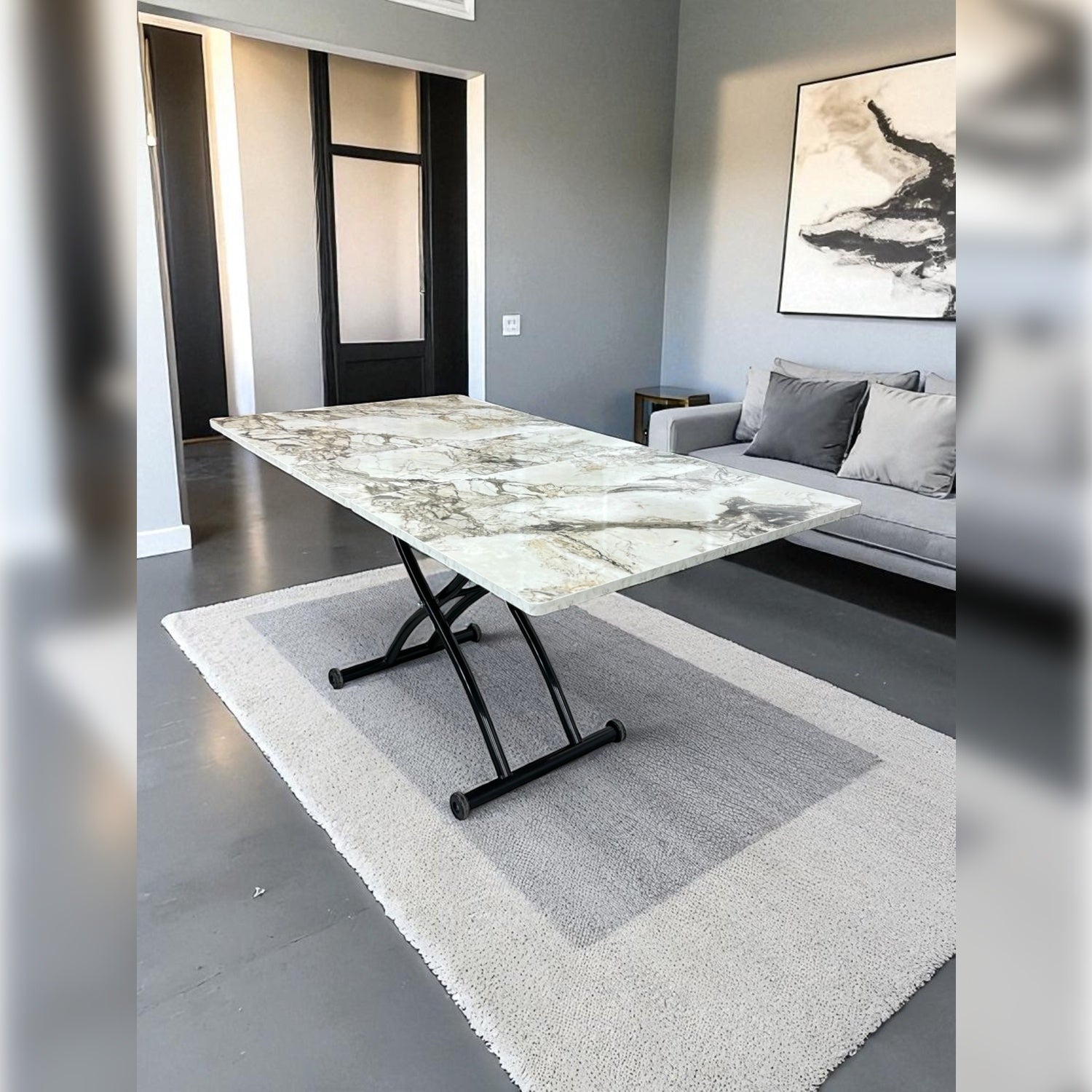 Center Opening Square Smart Table | White Marble MDF & Black