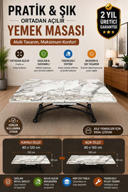 Center Opening Square Smart Table | White Marble MDF & Black