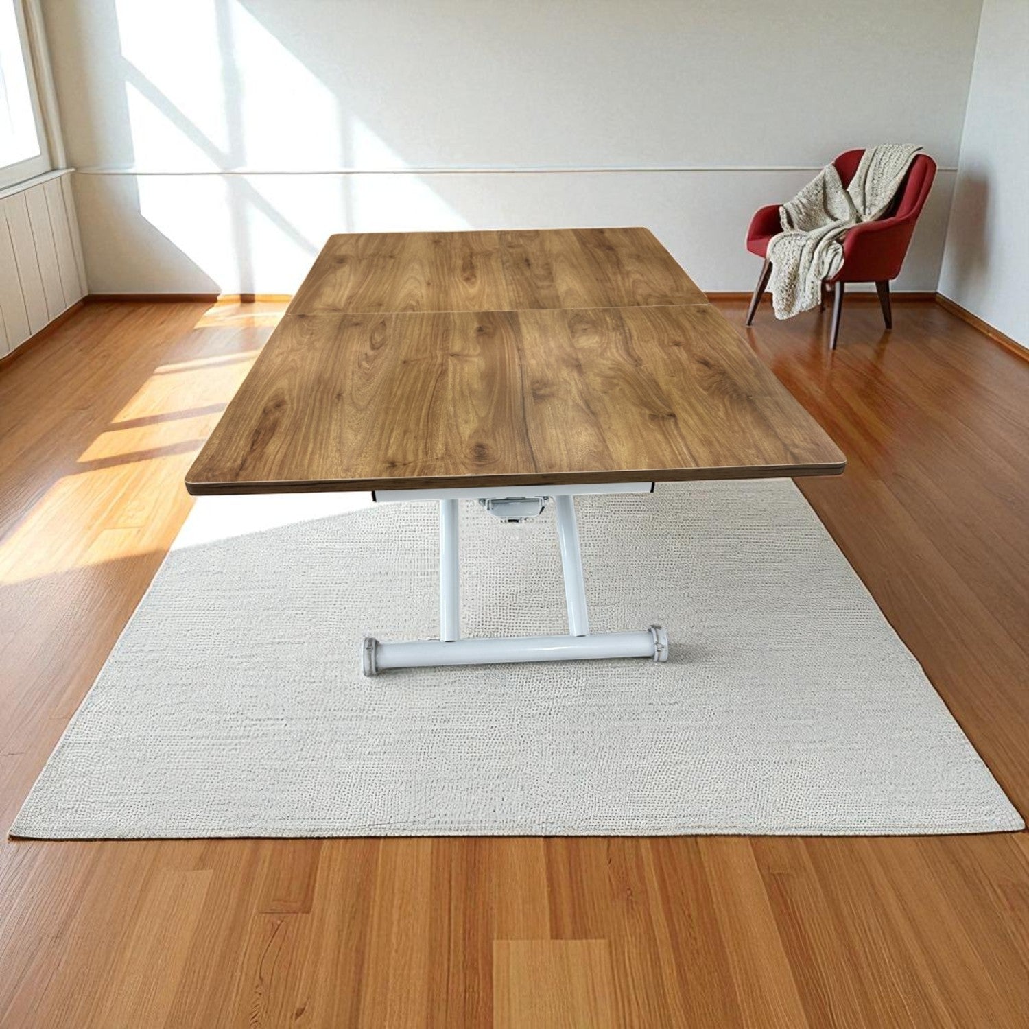 Mid-Opening Square Smart Table | Walnut MDF & White