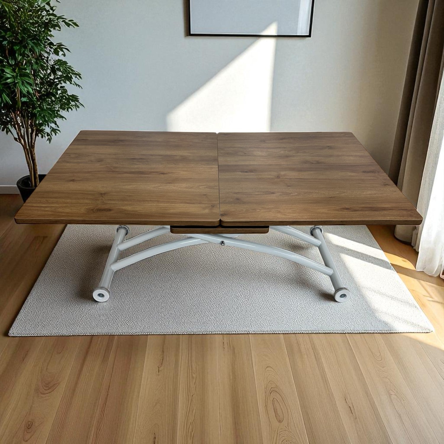 Mid-Opening Square Smart Table | Walnut MDF & White