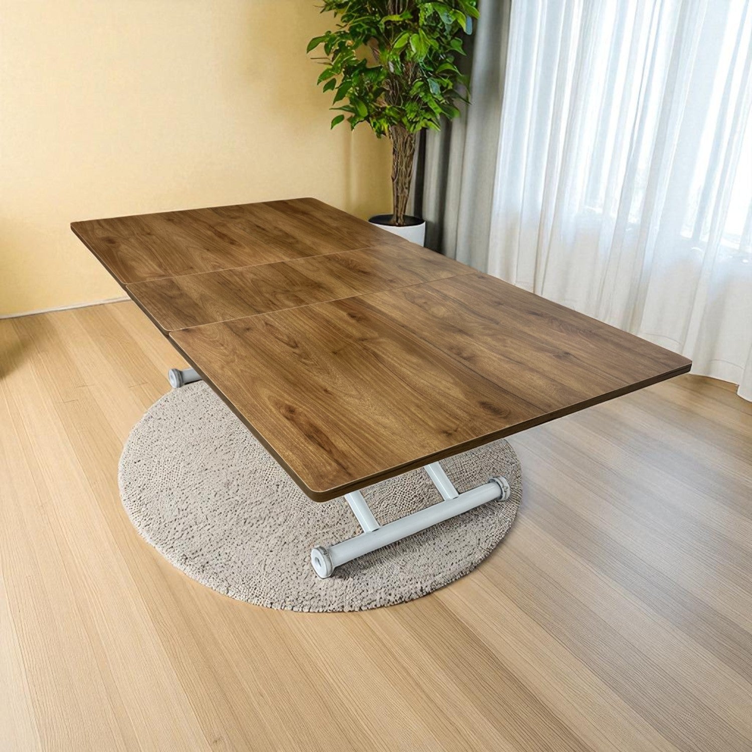 Mid-Opening Square Smart Table | Walnut MDF & White