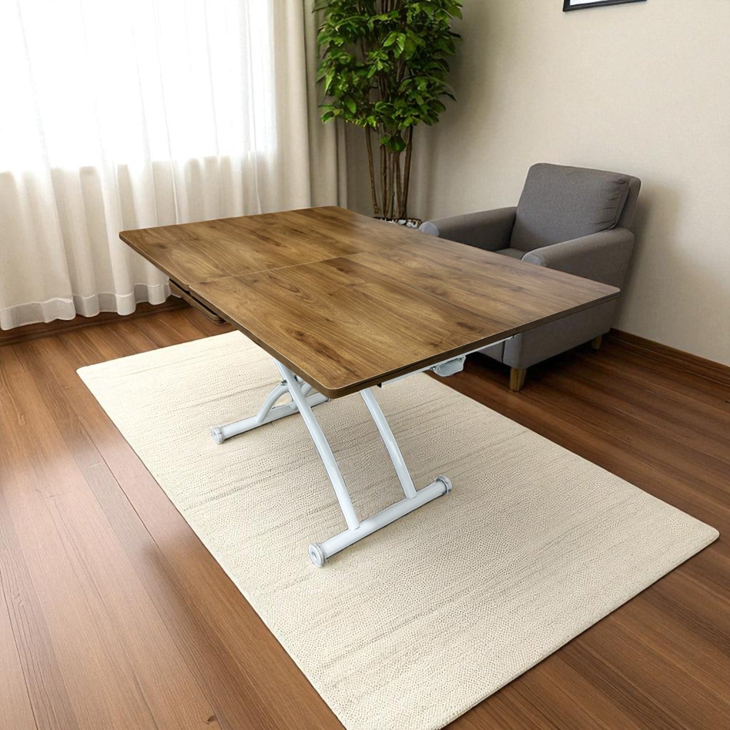 Mid-Opening Square Smart Table | Walnut MDF & White