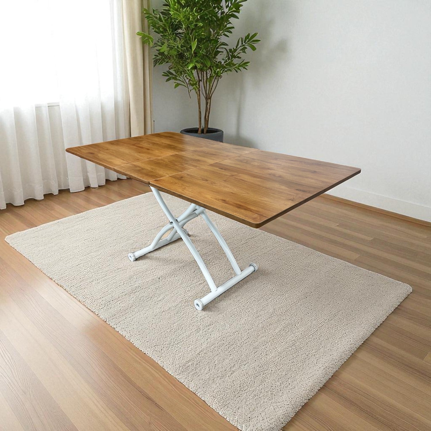 Mid-Opening Square Smart Table | Walnut MDF & White