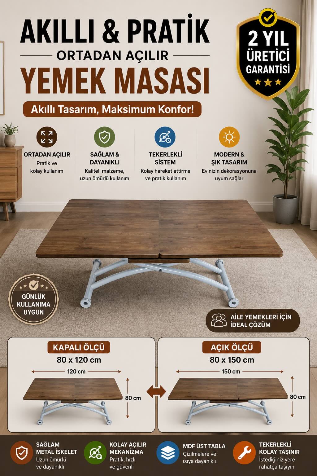 Mid-Opening Square Smart Table | Walnut MDF & White