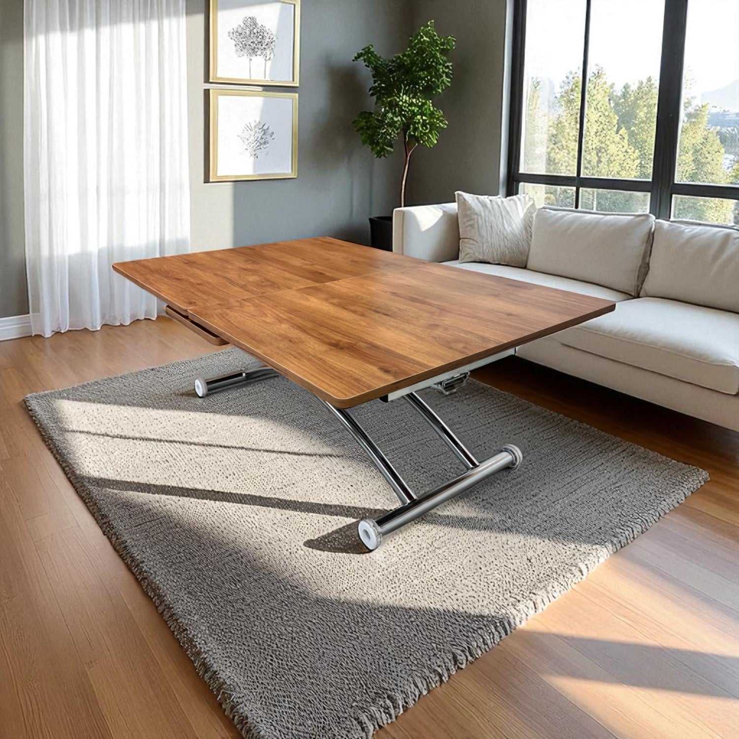 Mid-Openable Square Smart Table | Walnut MDF & Chrome