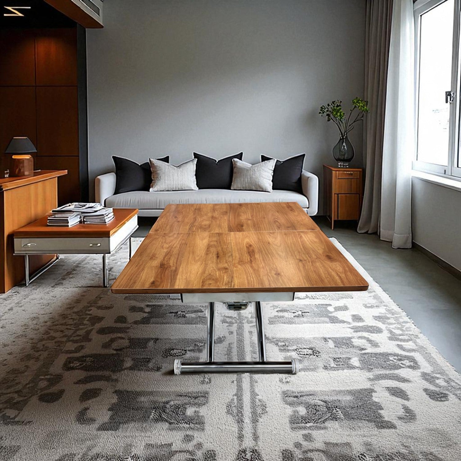Mid-Openable Square Smart Table | Walnut MDF & Chrome