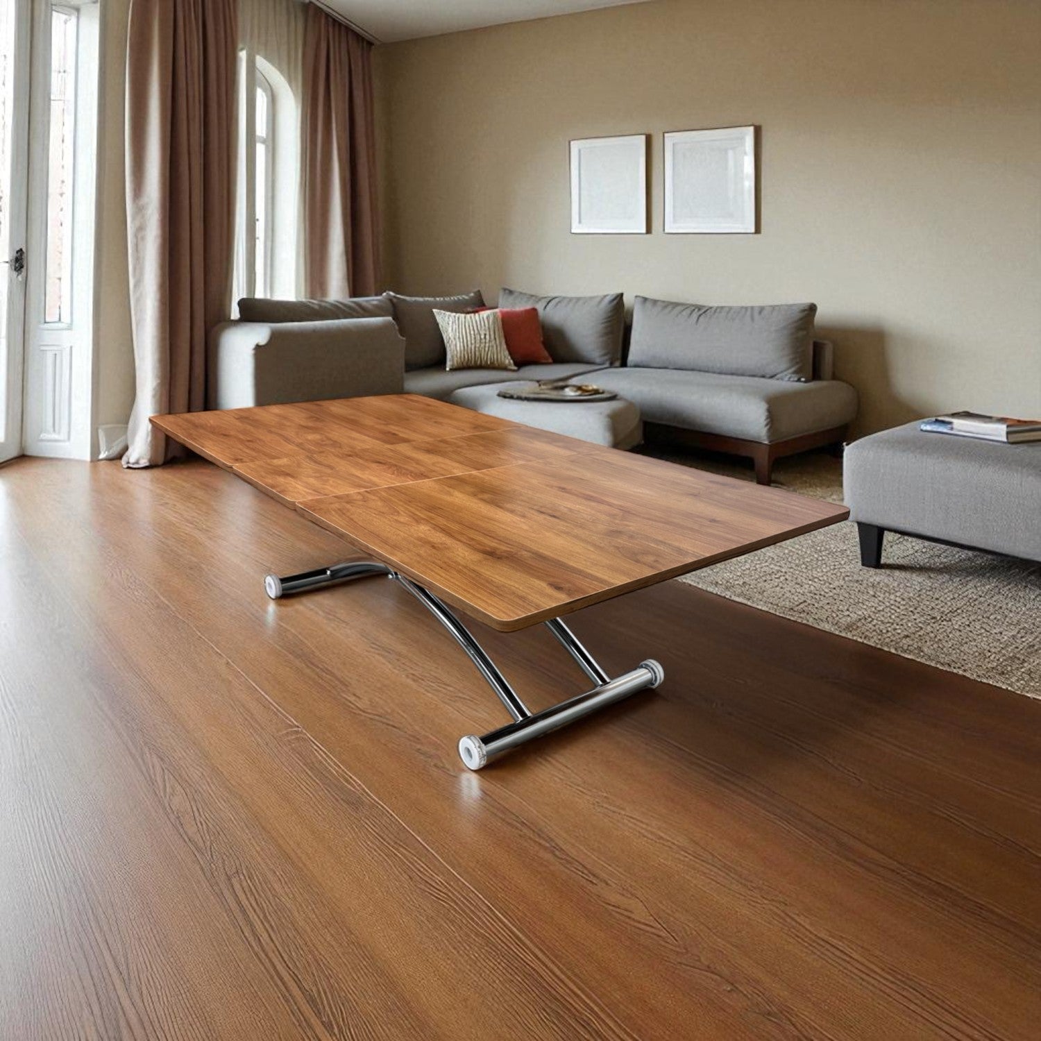 Mid-Openable Square Smart Table | Walnut MDF & Chrome