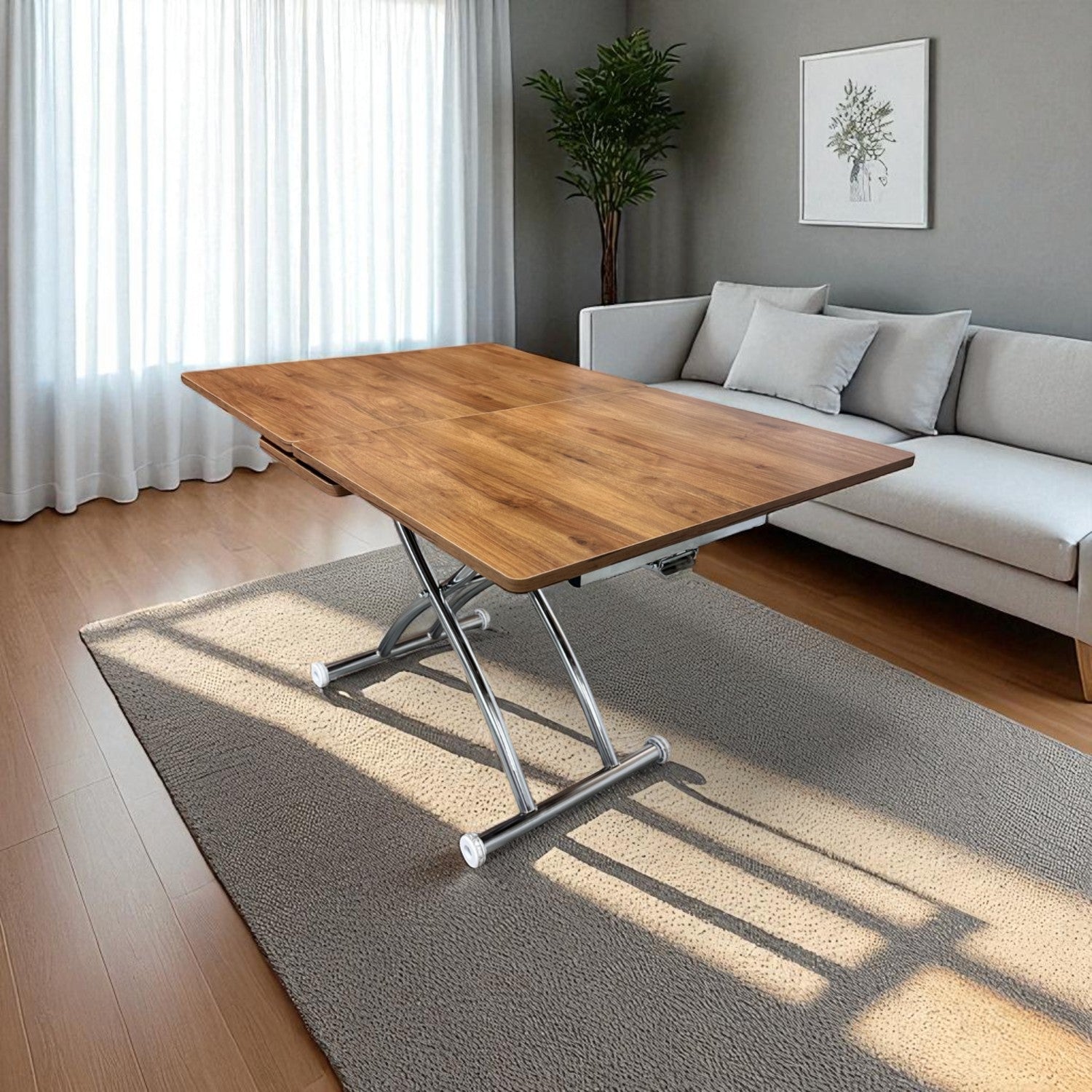 Mid-Openable Square Smart Table | Walnut MDF & Chrome