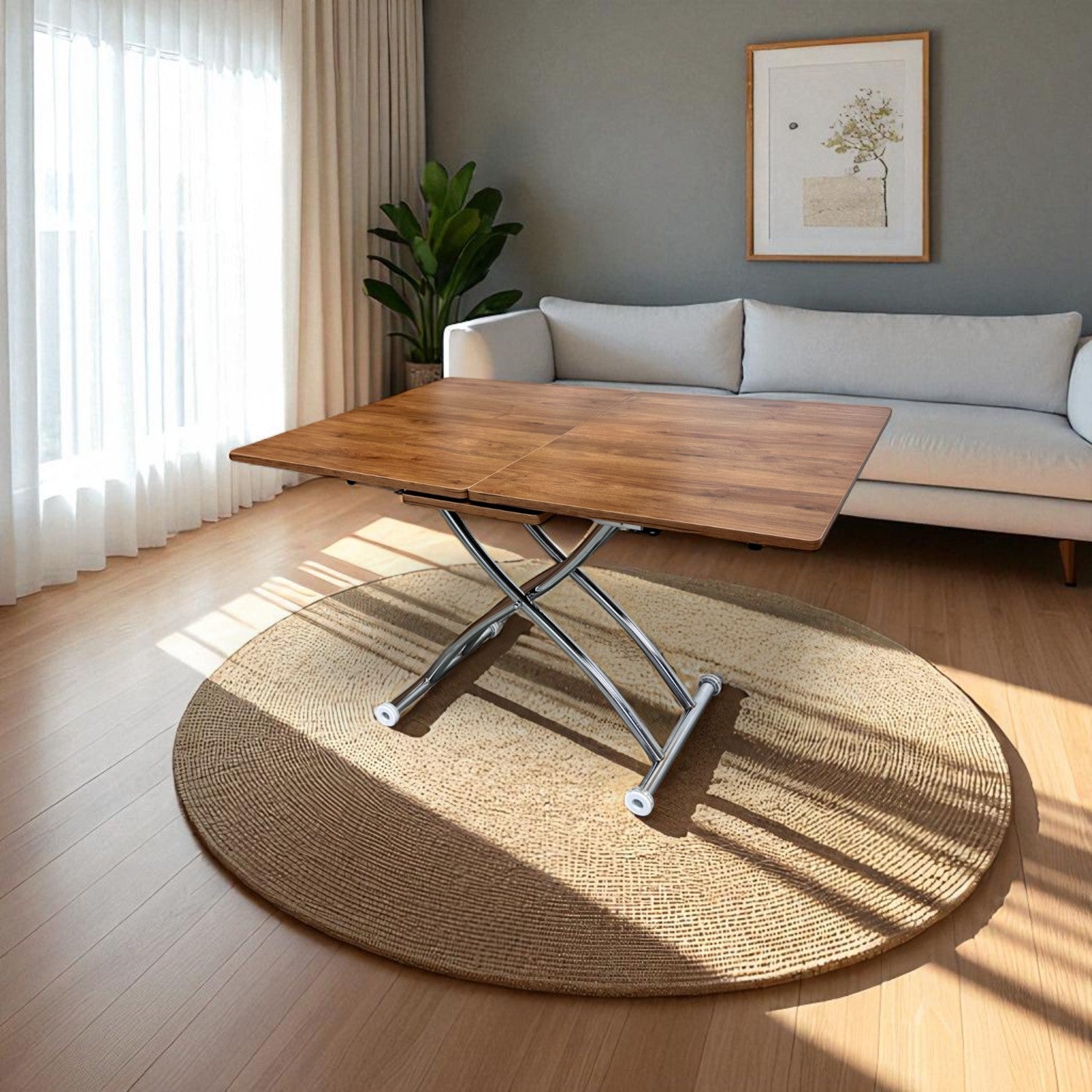 Mid-Openable Square Smart Table | Walnut MDF & Chrome