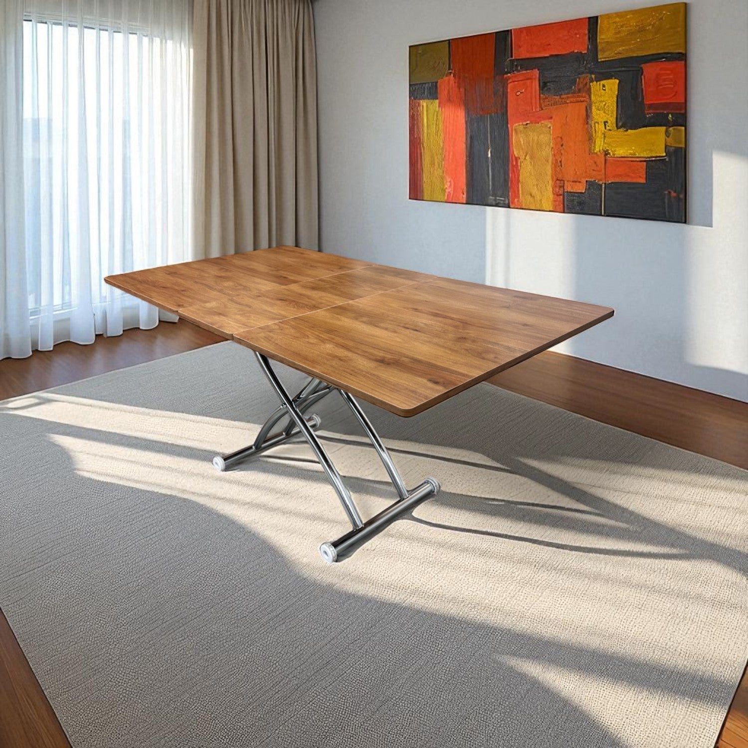 Mid-Openable Square Smart Table | Walnut MDF & Chrome