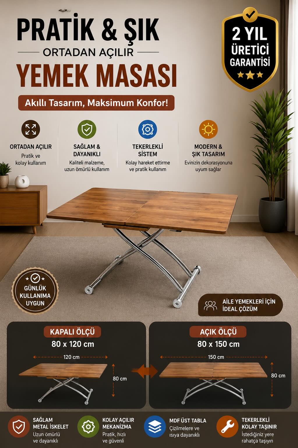 Mid-Openable Square Smart Table | Walnut MDF & Chrome