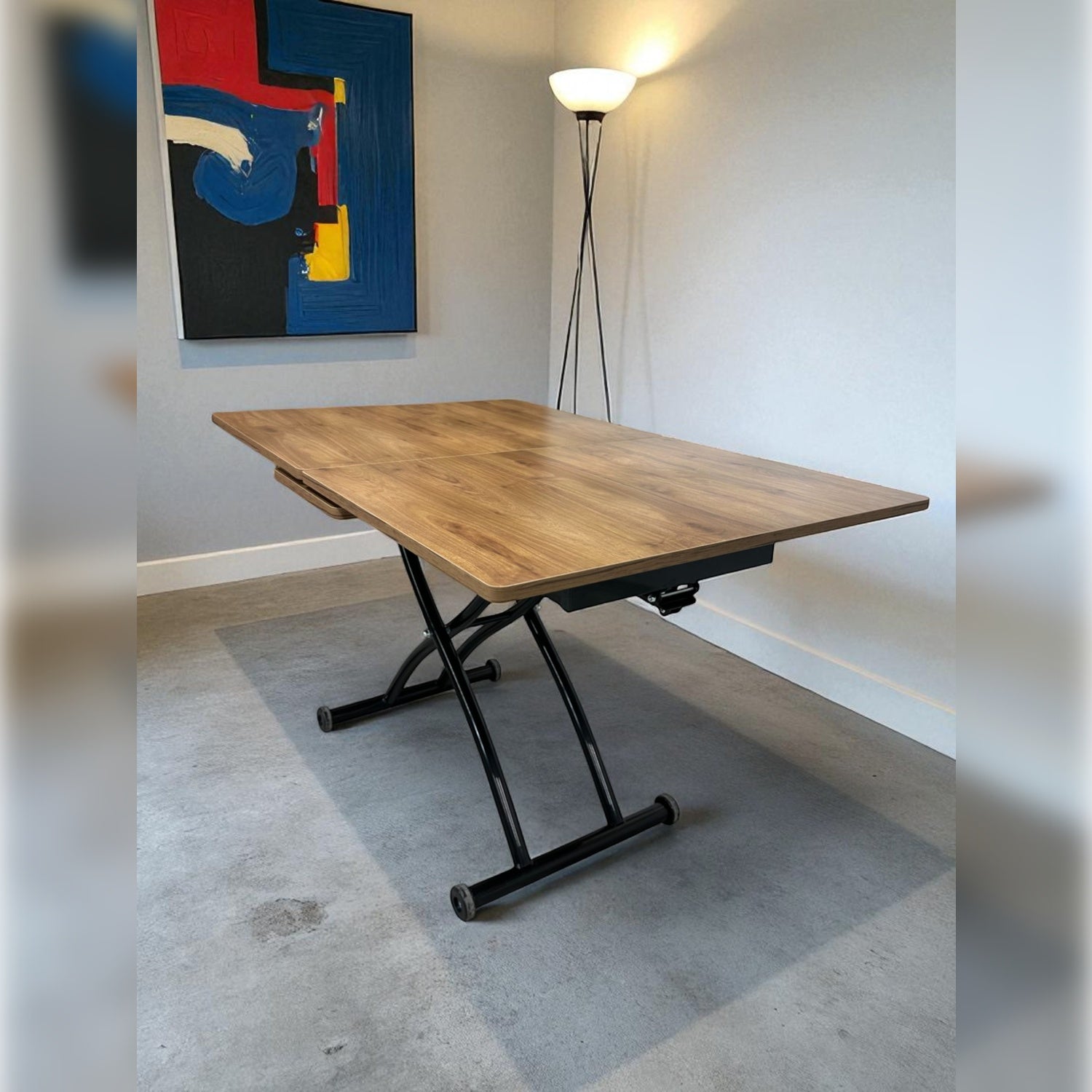 Center-Opening Square Smart Table | Walnut MDF & Black