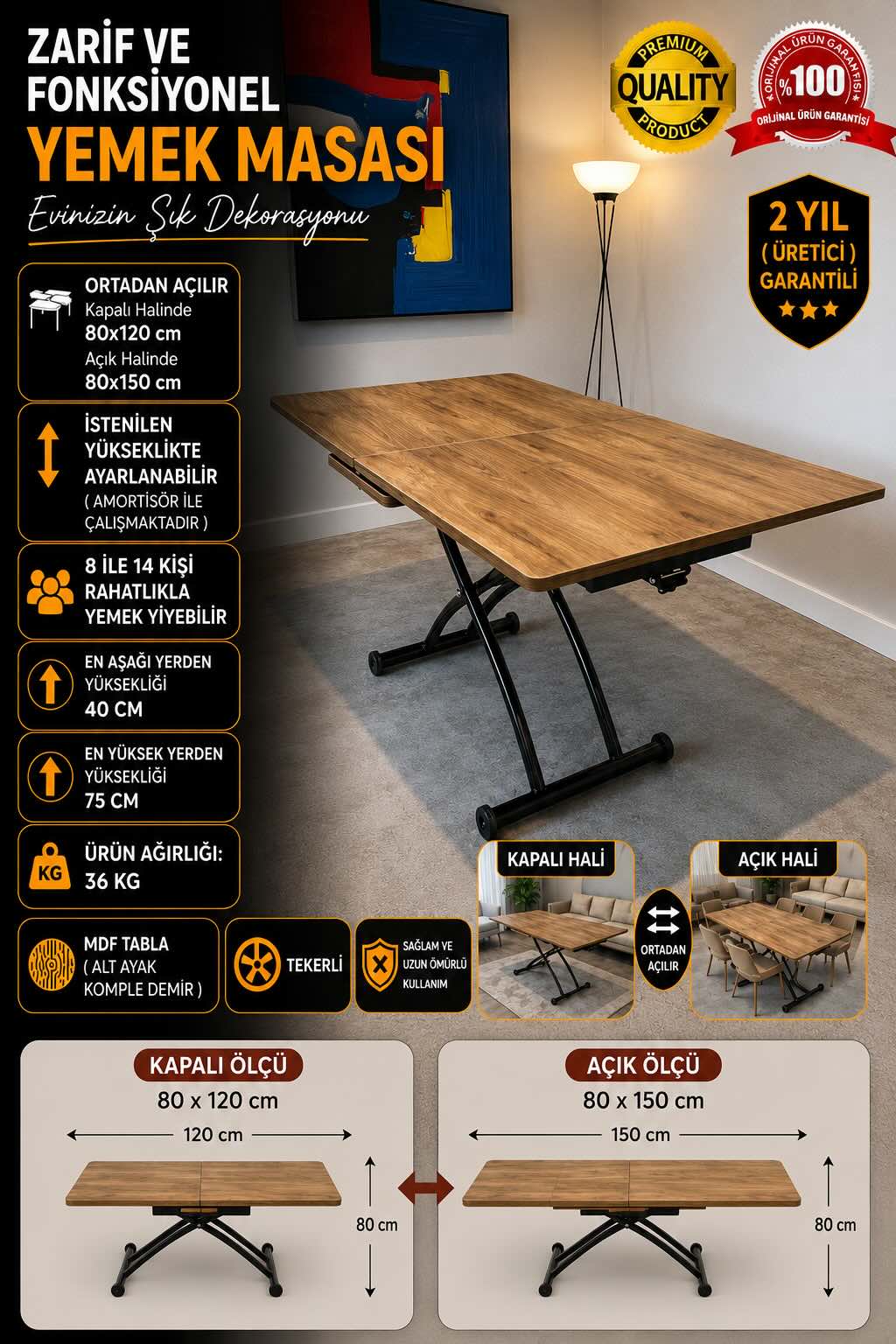 Center-Opening Square Smart Table | Walnut MDF & Black