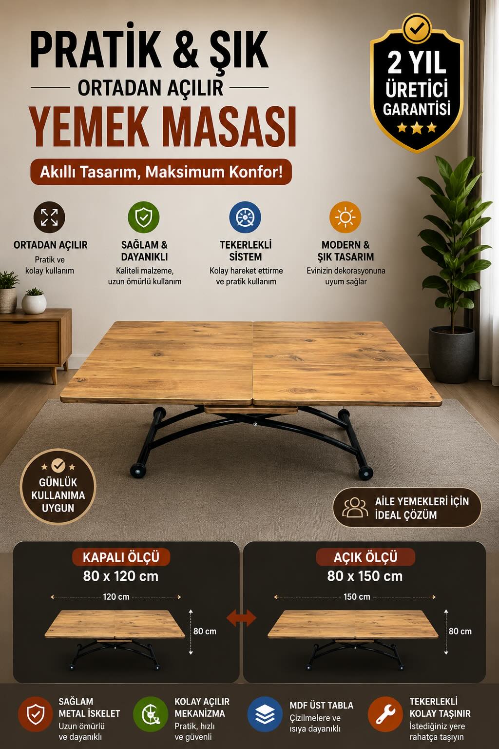 Extendable Square Smart Table | EfesCam MDF & Black