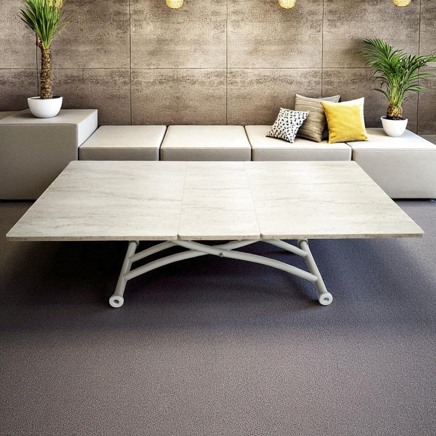 Expandable Square Smart Table | Travertine MDF & White