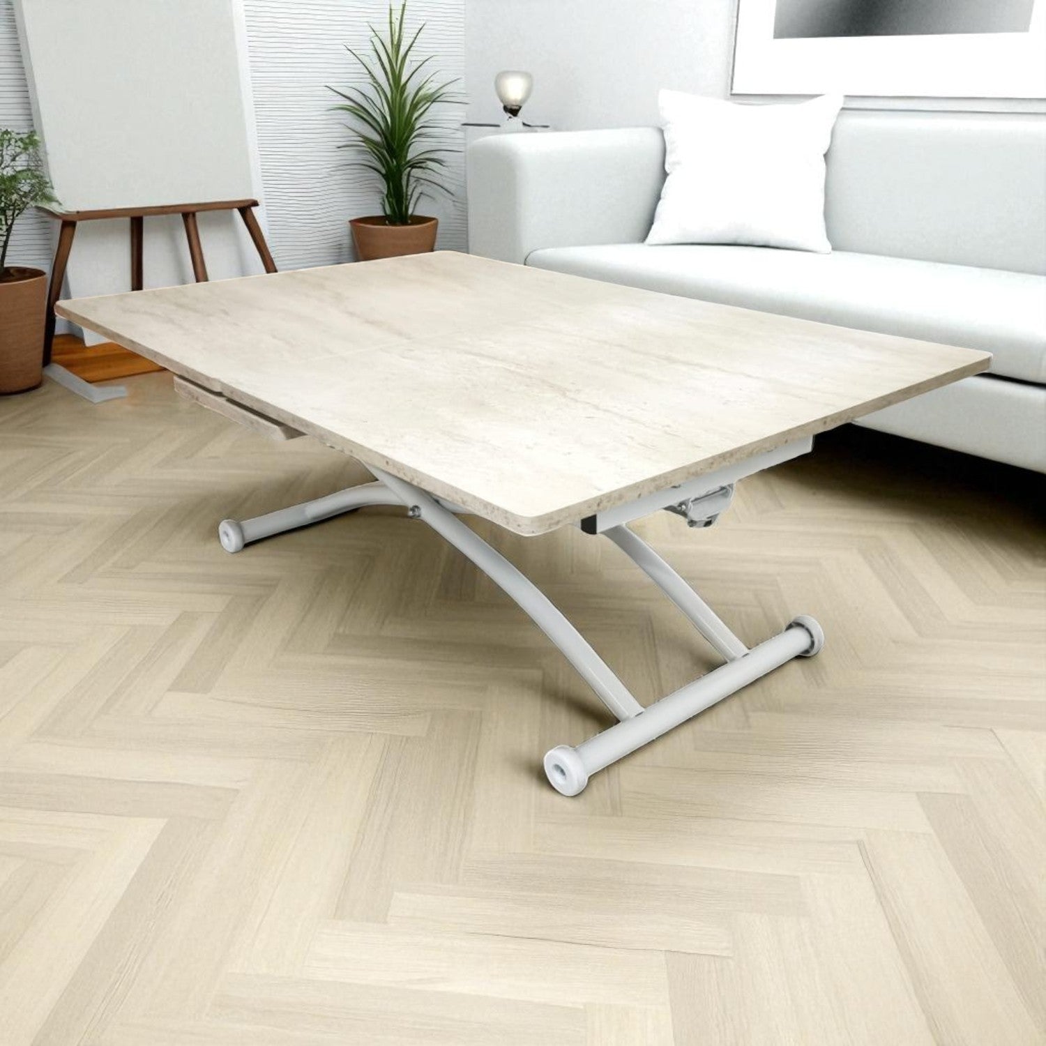 Expandable Square Smart Table | Travertine MDF & White
