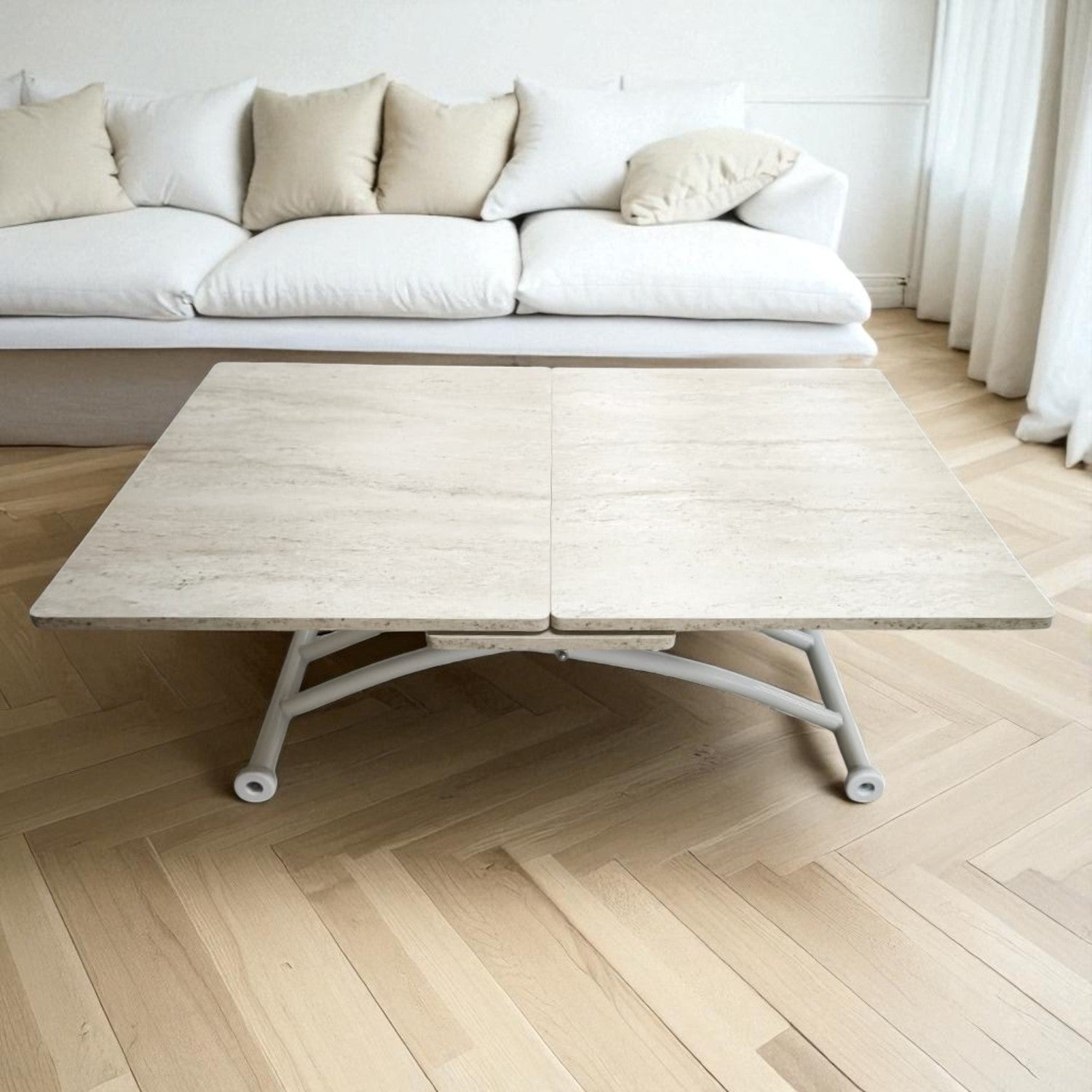 Expandable Square Smart Table | Travertine MDF & White
