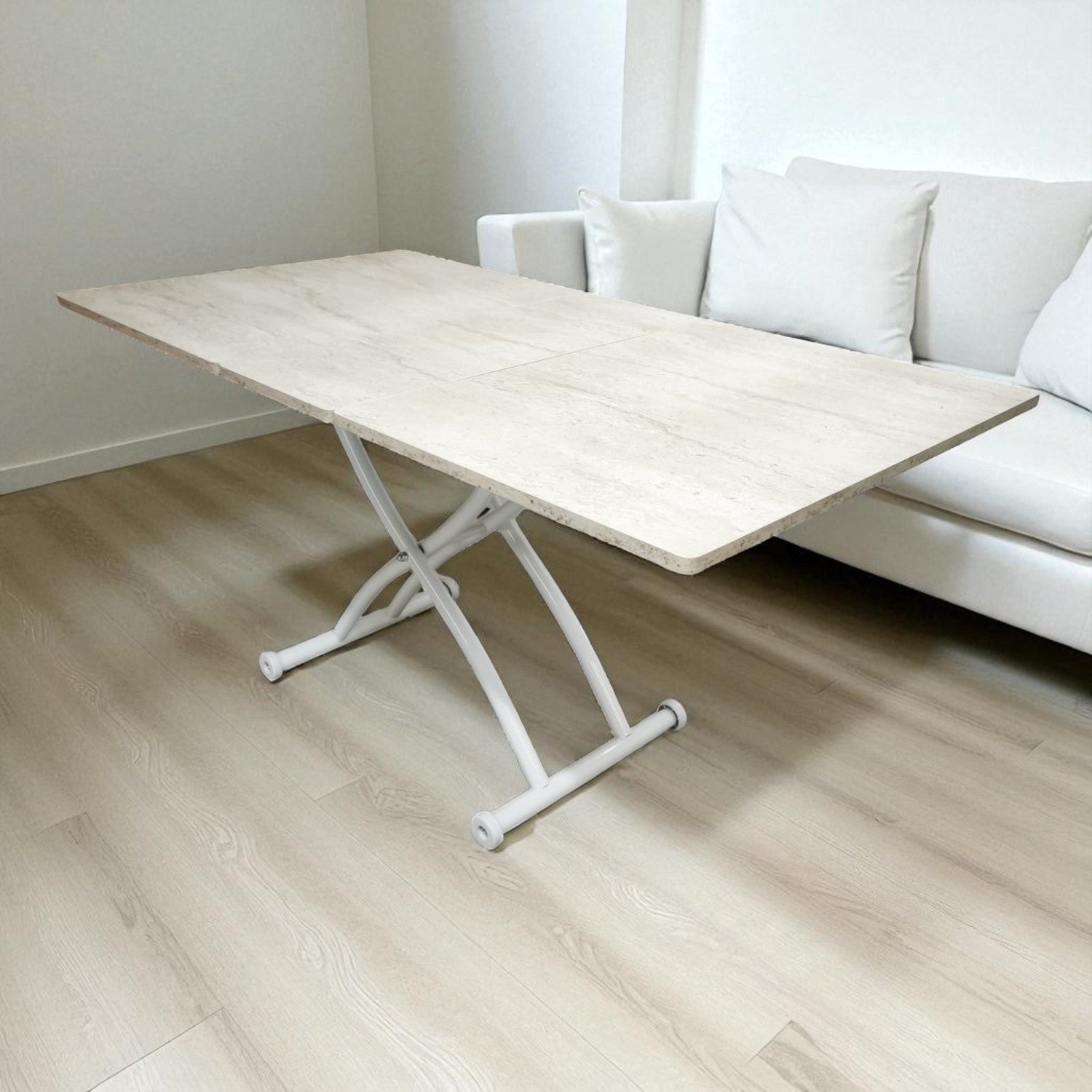 Expandable Square Smart Table | Travertine MDF & White