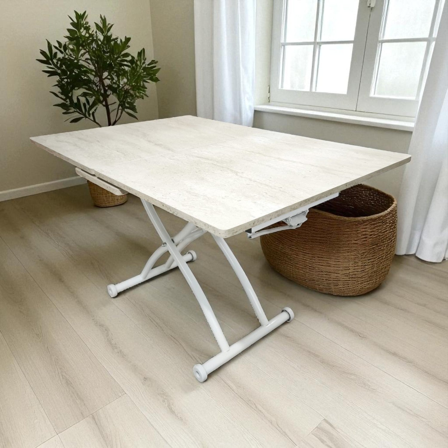 Expandable Square Smart Table | Travertine MDF & White