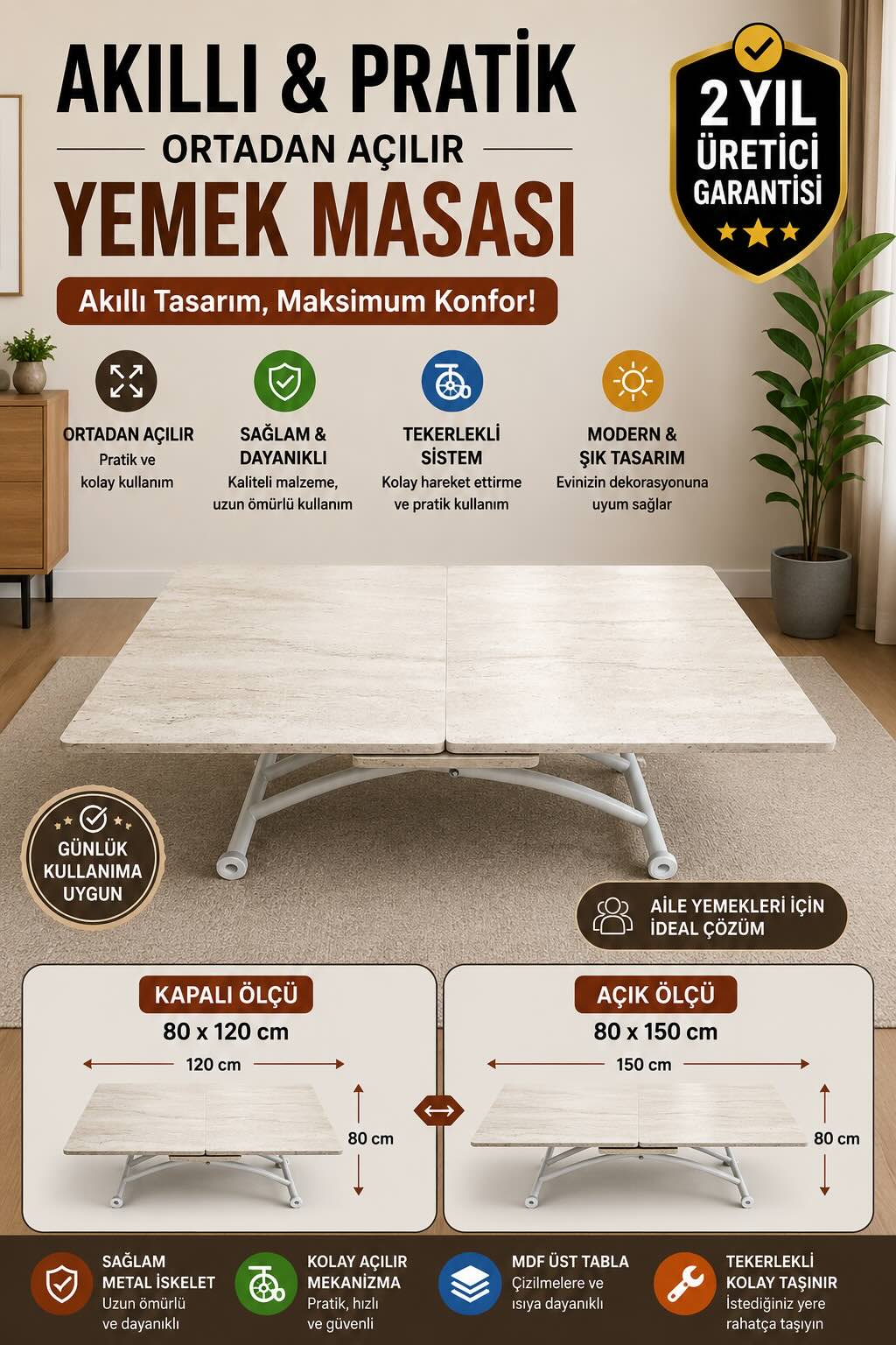Expandable Square Smart Table | Travertine MDF & White