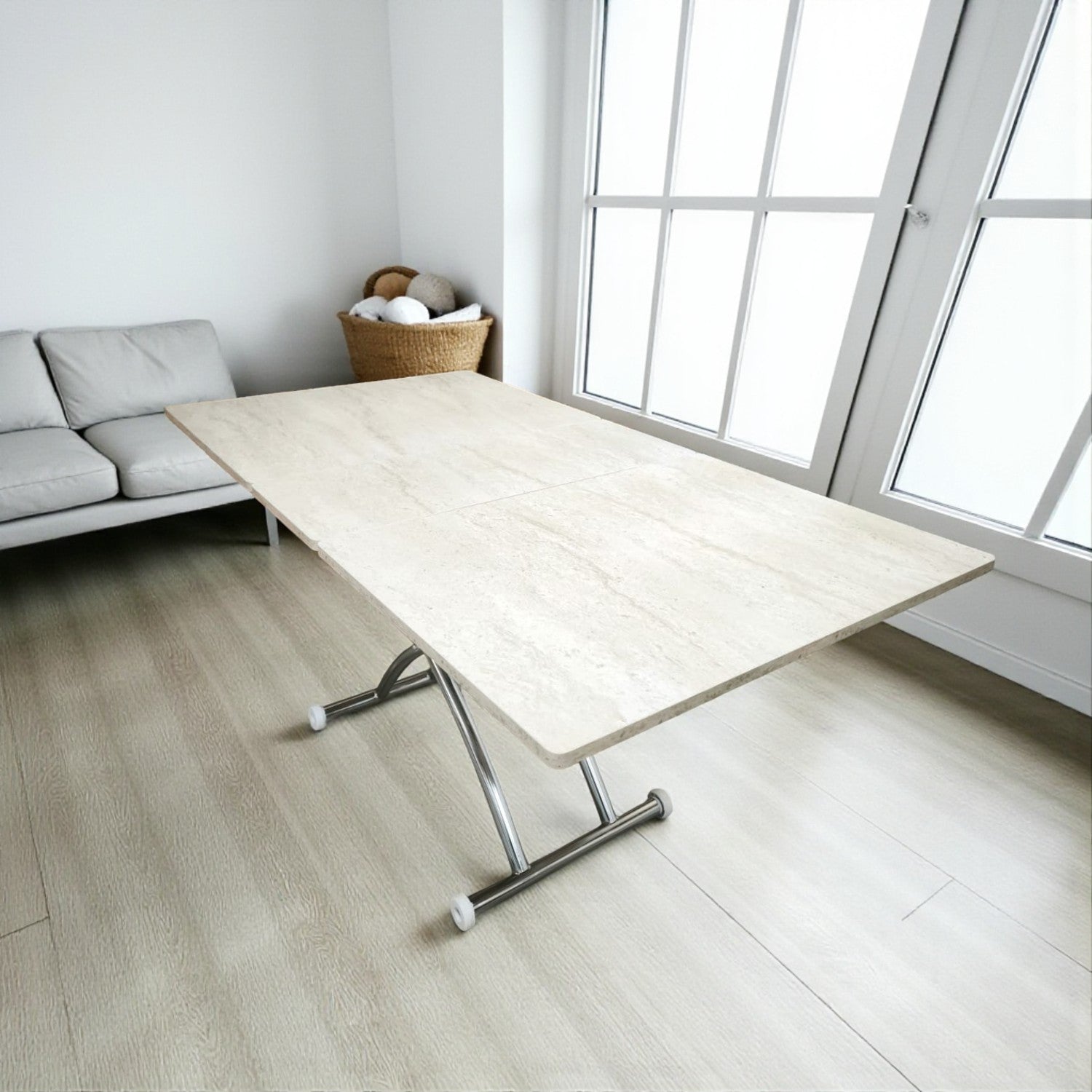 Expanding Square Smart Table | Travertine MDF & Chrome