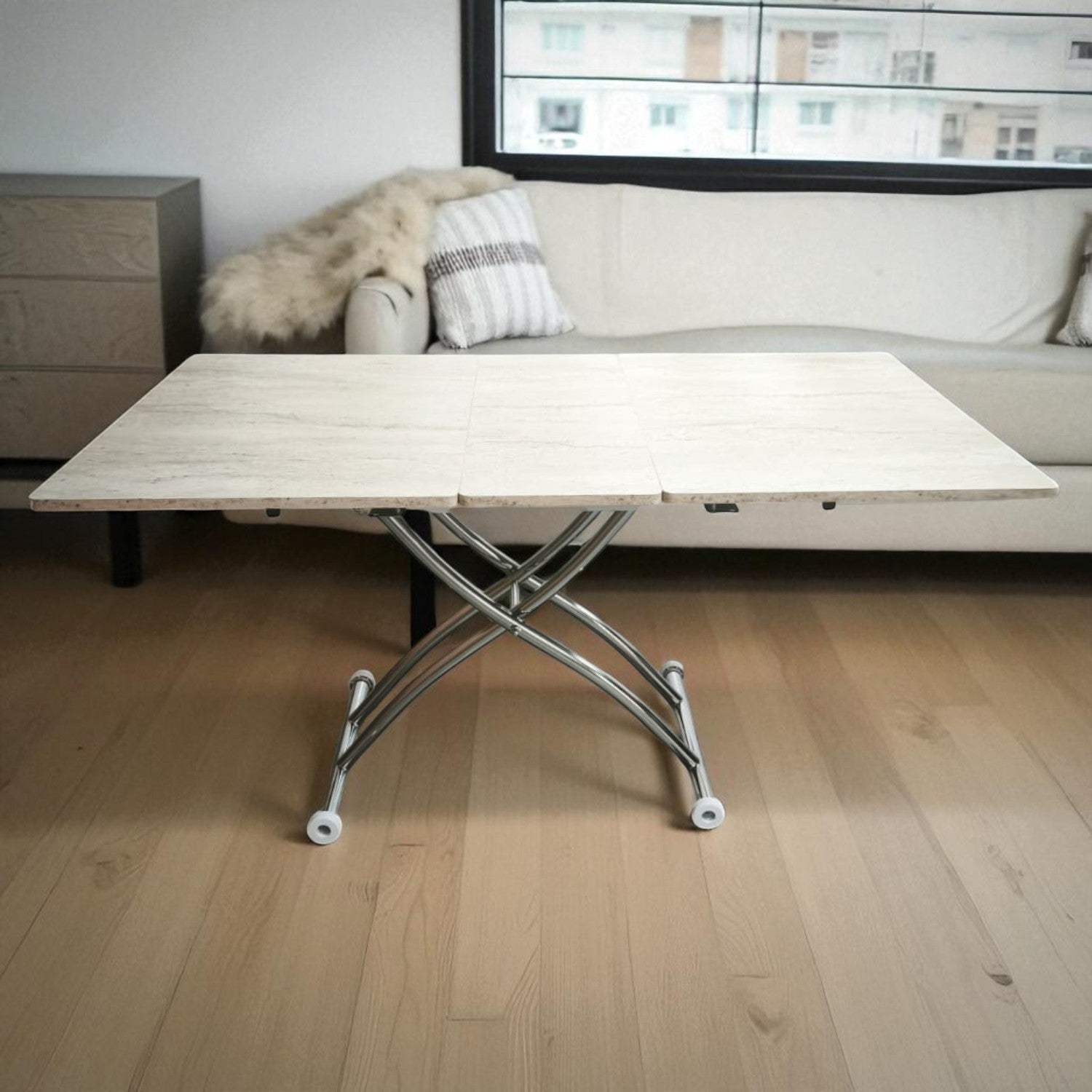 Expanding Square Smart Table | Travertine MDF & Chrome