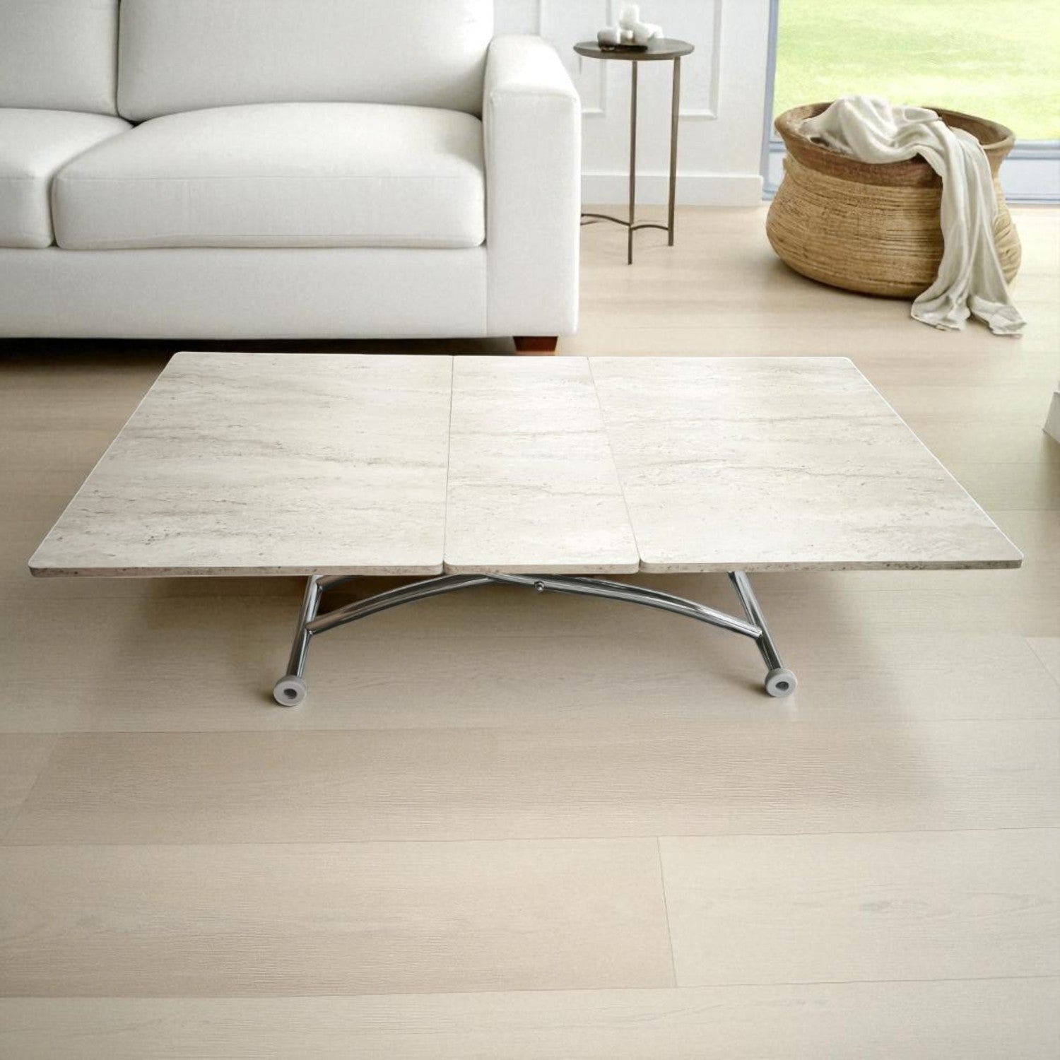 Expanding Square Smart Table | Travertine MDF & Chrome