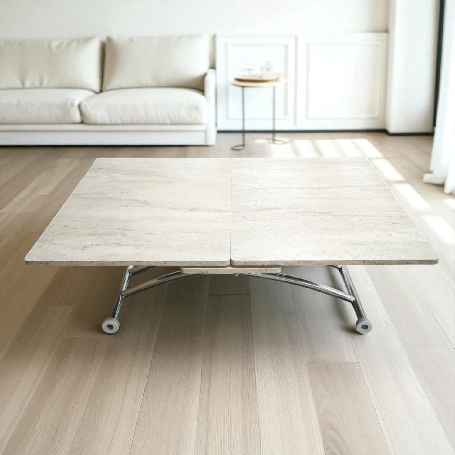 Expanding Square Smart Table | Travertine MDF & Chrome