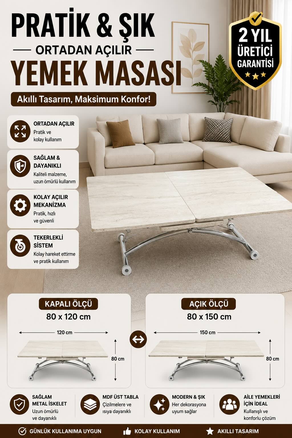 Expanding Square Smart Table | Travertine MDF & Chrome