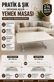 Expanding Square Smart Table | Travertine MDF & Chrome