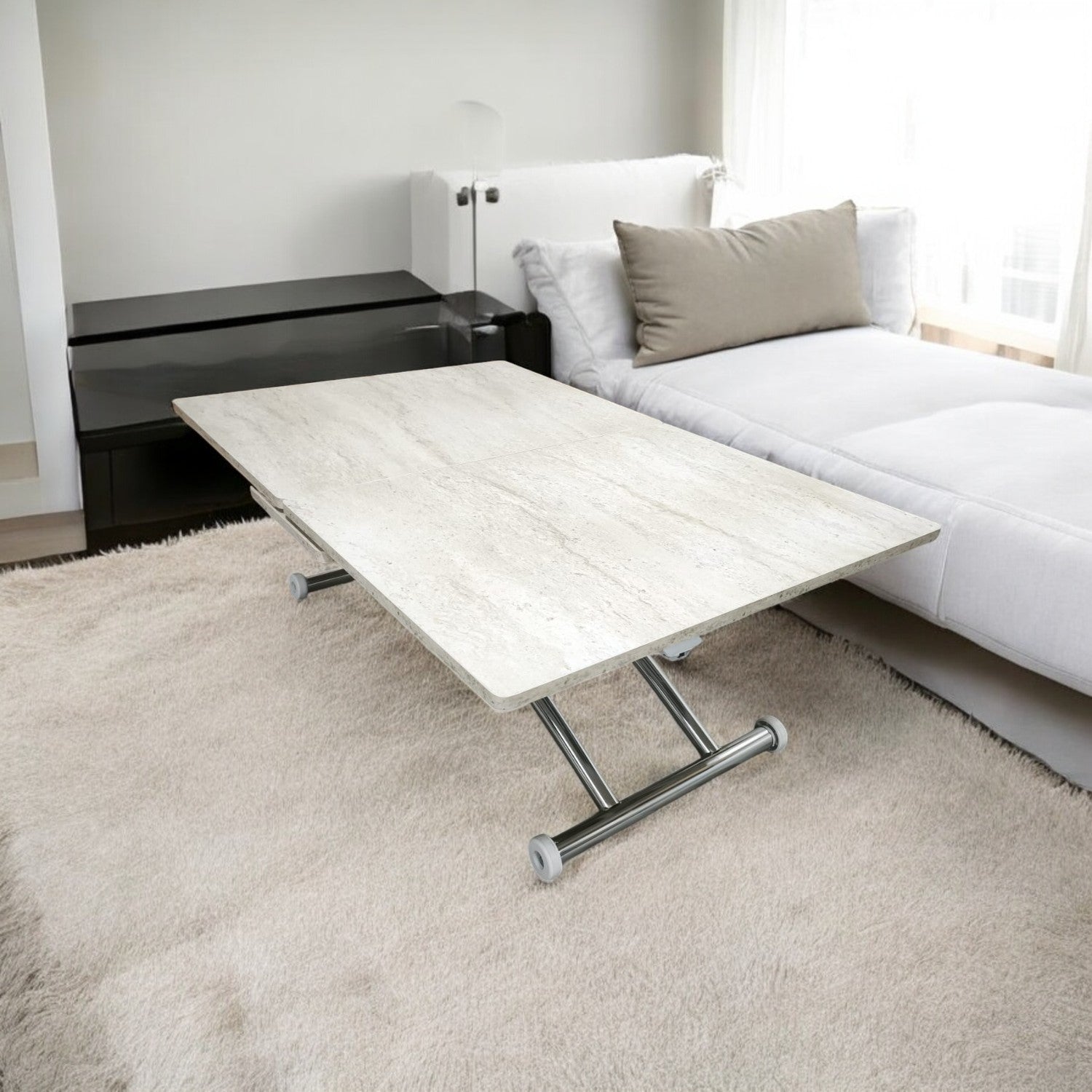 Expanding Square Smart Table | Travertine MDF & Chrome