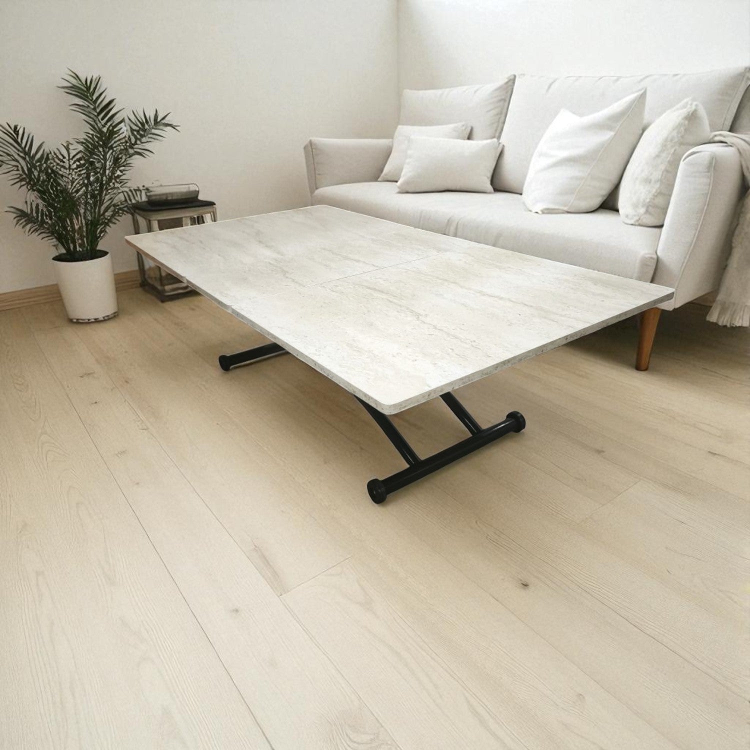 Extendable Square Smart Table | Travertine MDF & Black