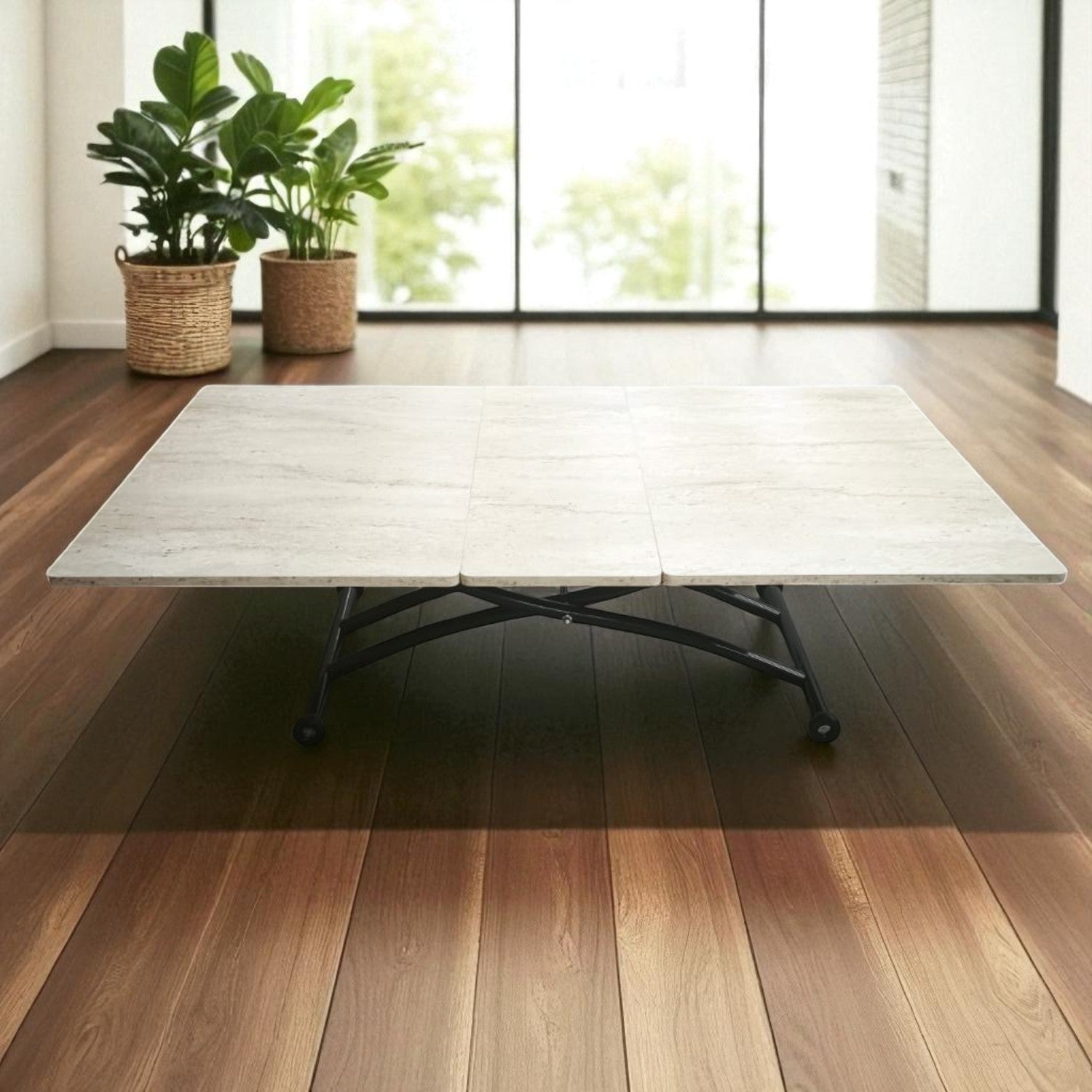 Extendable Square Smart Table | Travertine MDF & Black