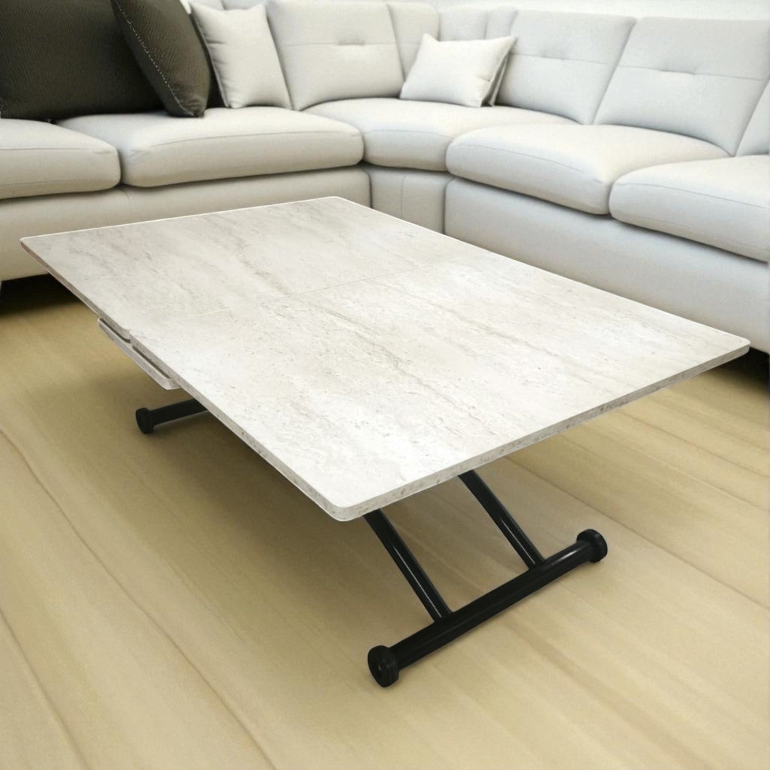 Extendable Square Smart Table | Travertine MDF & Black