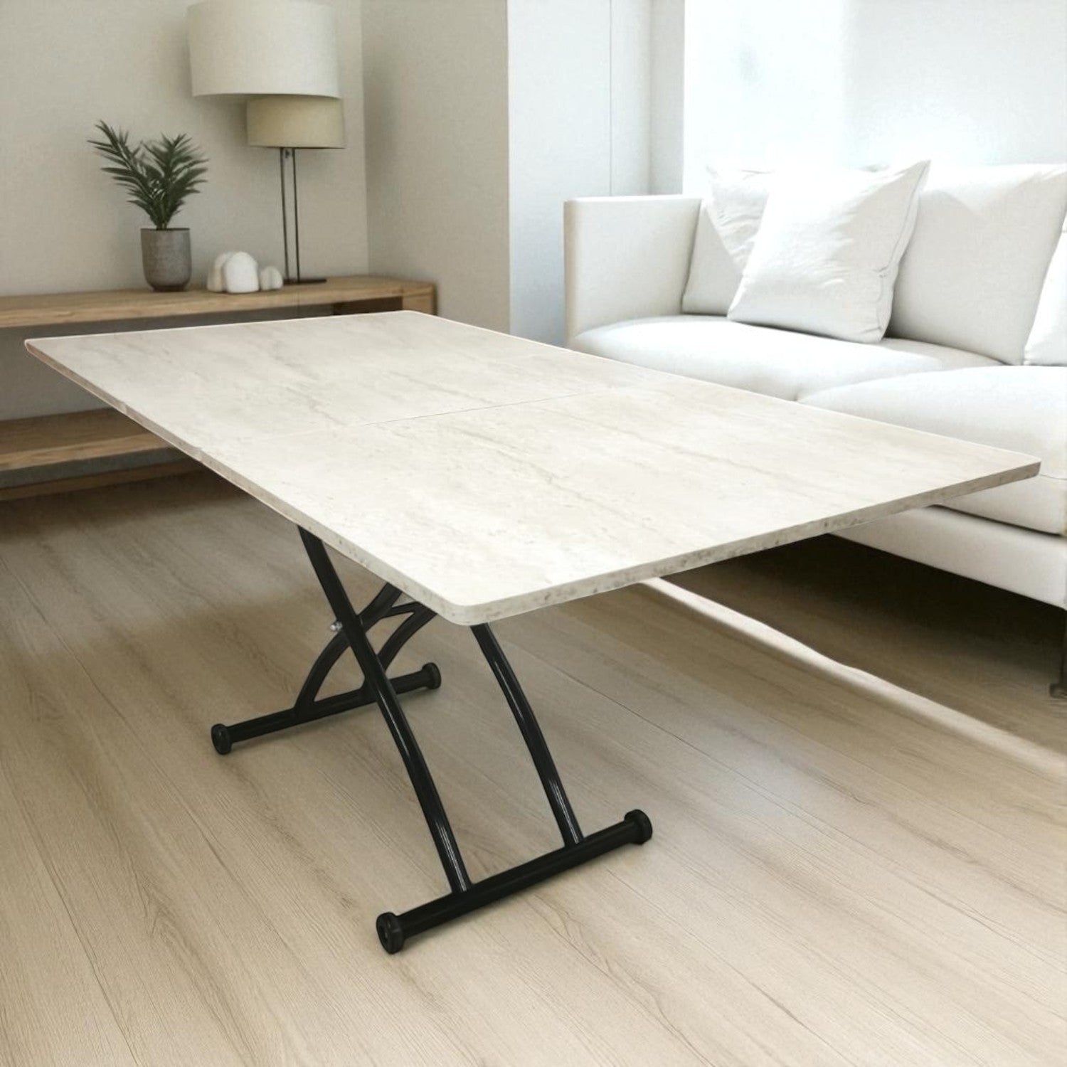 Extendable Square Smart Table | Travertine MDF & Black