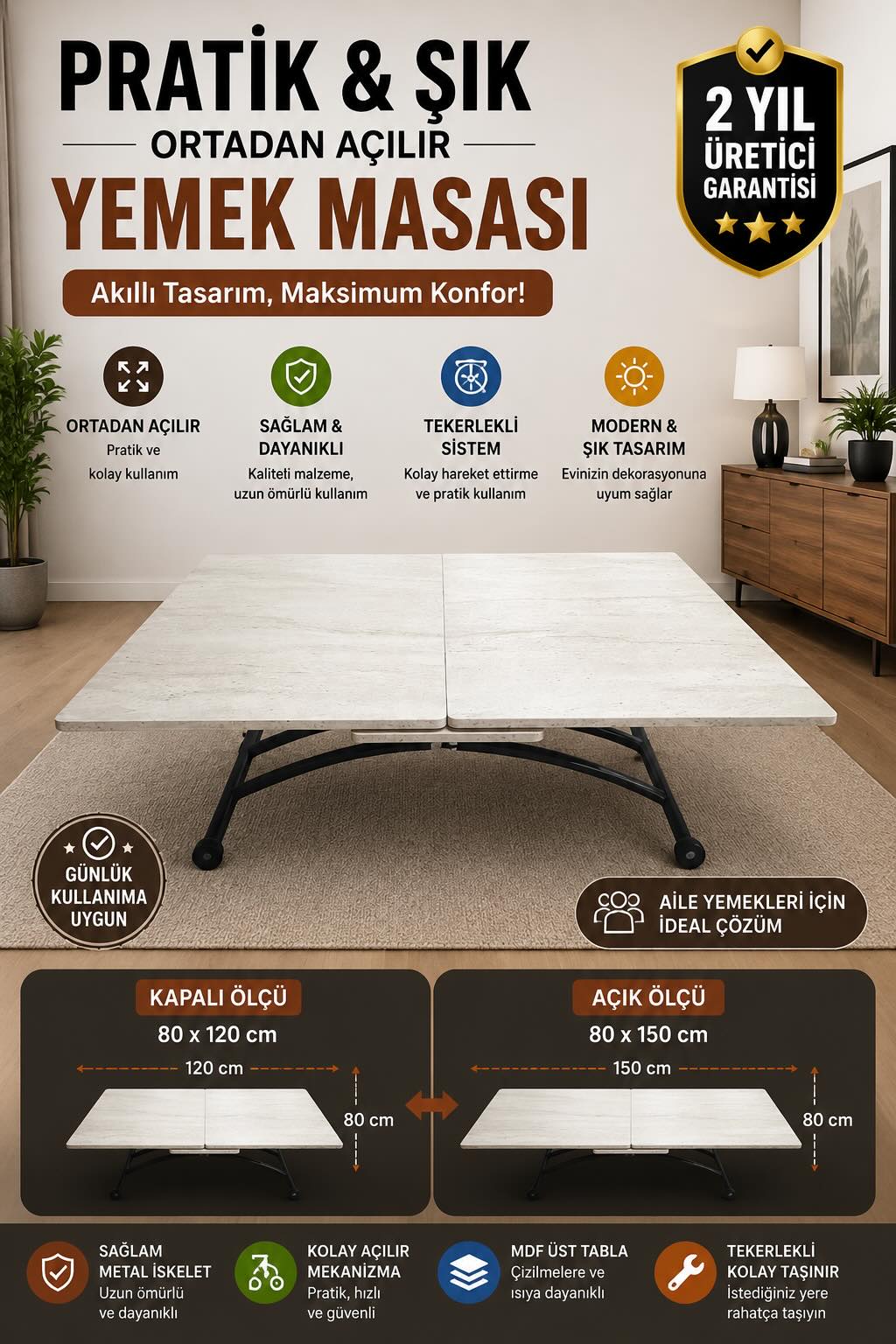 Extendable Square Smart Table | Travertine MDF & Black