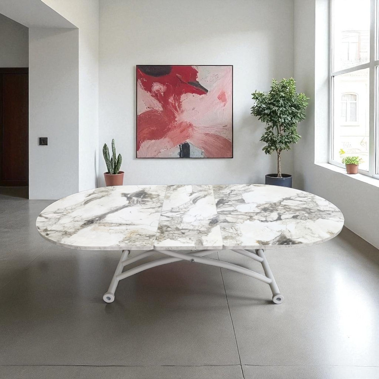 Ortadan Açılır Oval Akıllı Masa | Beyaz Mermer MDF & Beyaz
