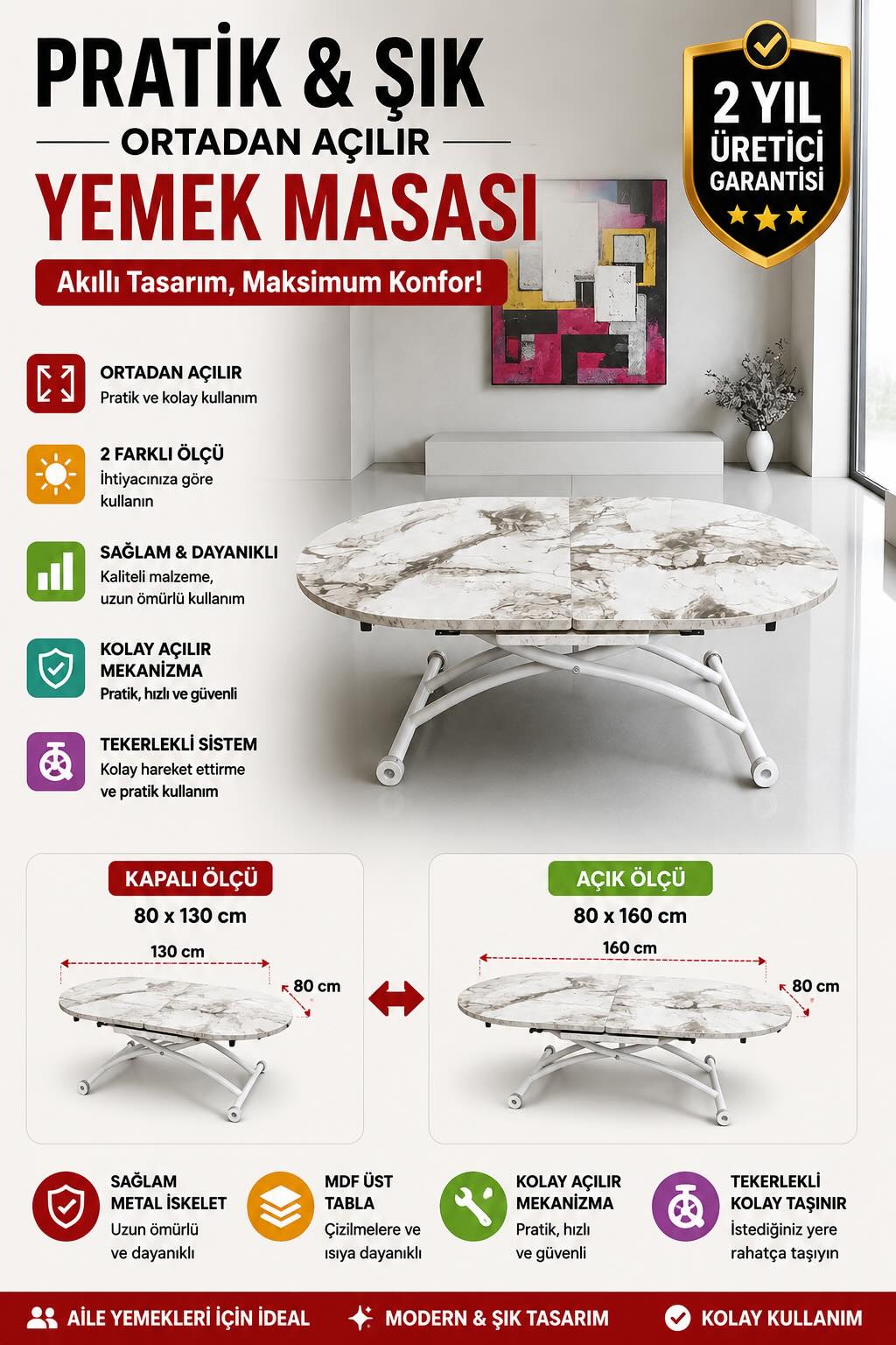 Ortadan Açılır Oval Akıllı Masa | Beyaz Mermer MDF & Beyaz