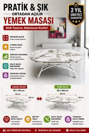 Ortadan Açılır Oval Akıllı Masa | Beyaz Mermer MDF & Beyaz