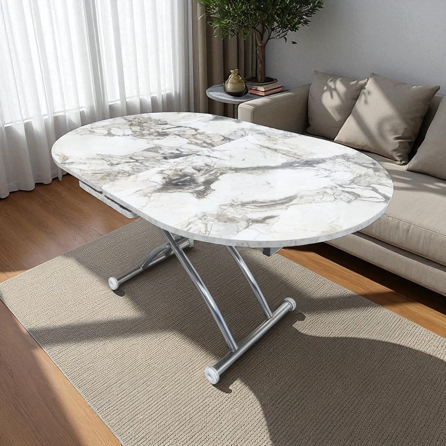 Ortadan Açılır Oval Akıllı Masa | Beyaz Mermer MDF & Krom