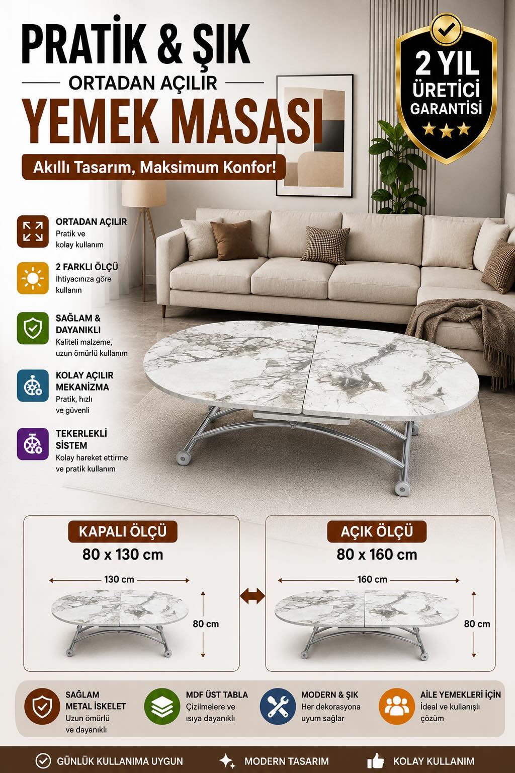 Ortadan Açılır Oval Akıllı Masa | Beyaz Mermer MDF & Krom