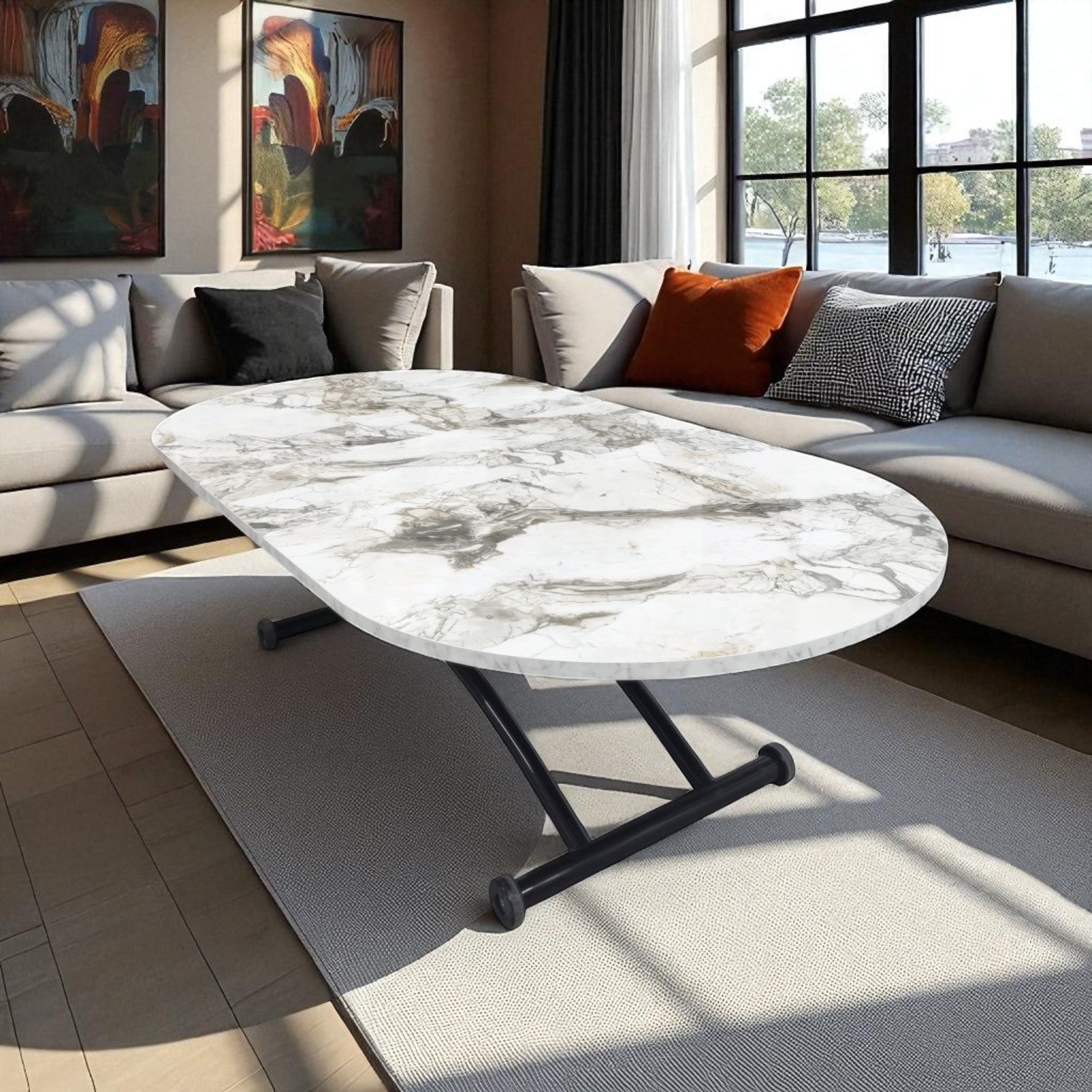 Center Opening Oval Smart Table | White Marble MDF & Black
