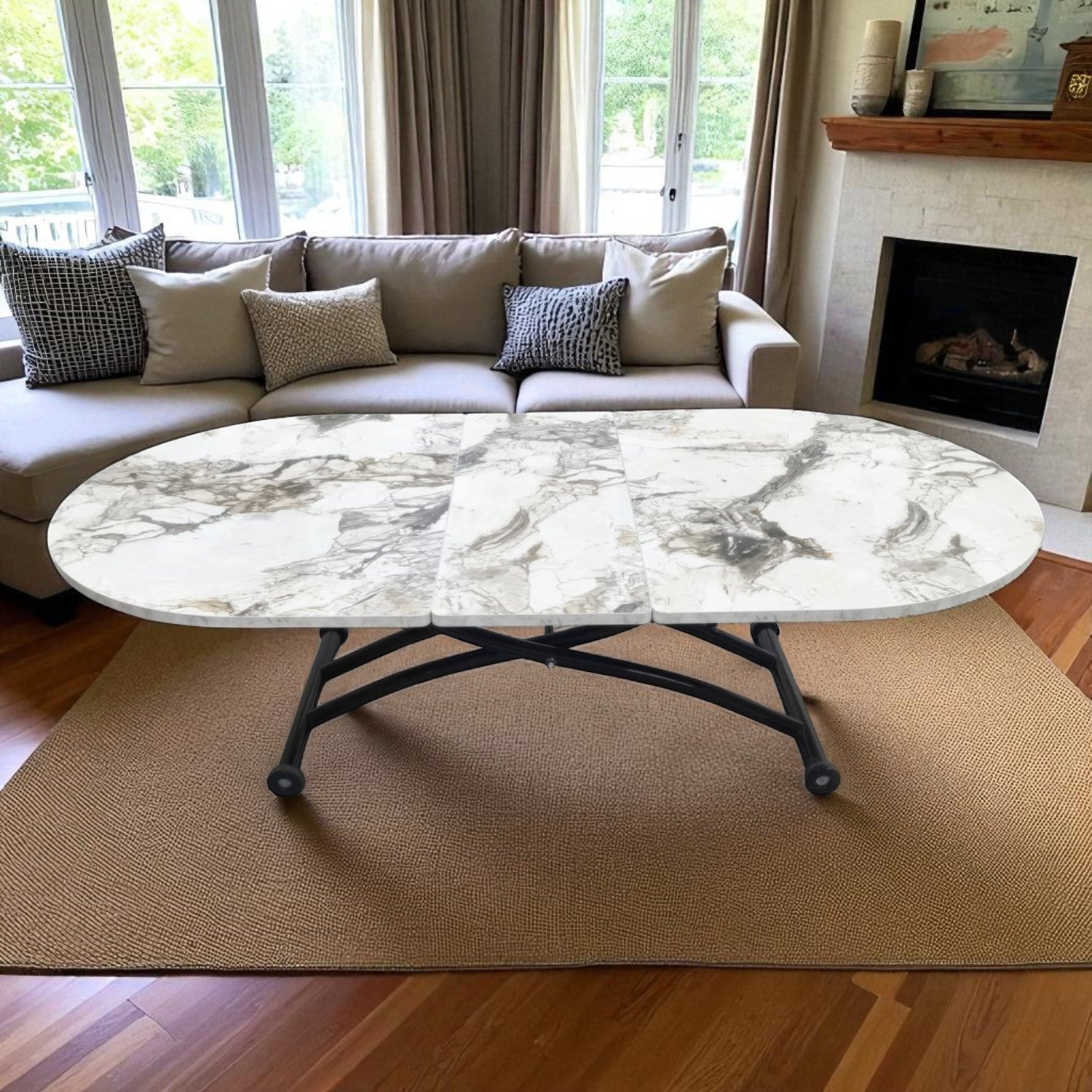 Center Opening Oval Smart Table | White Marble MDF & Black
