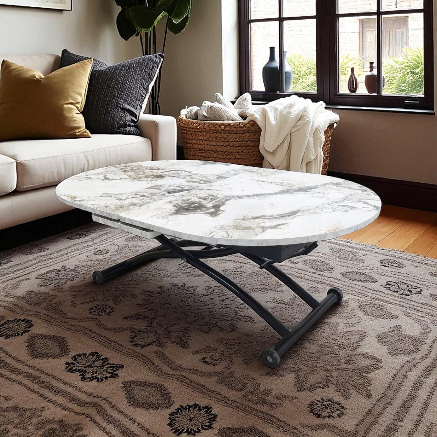 Center Opening Oval Smart Table | White Marble MDF & Black