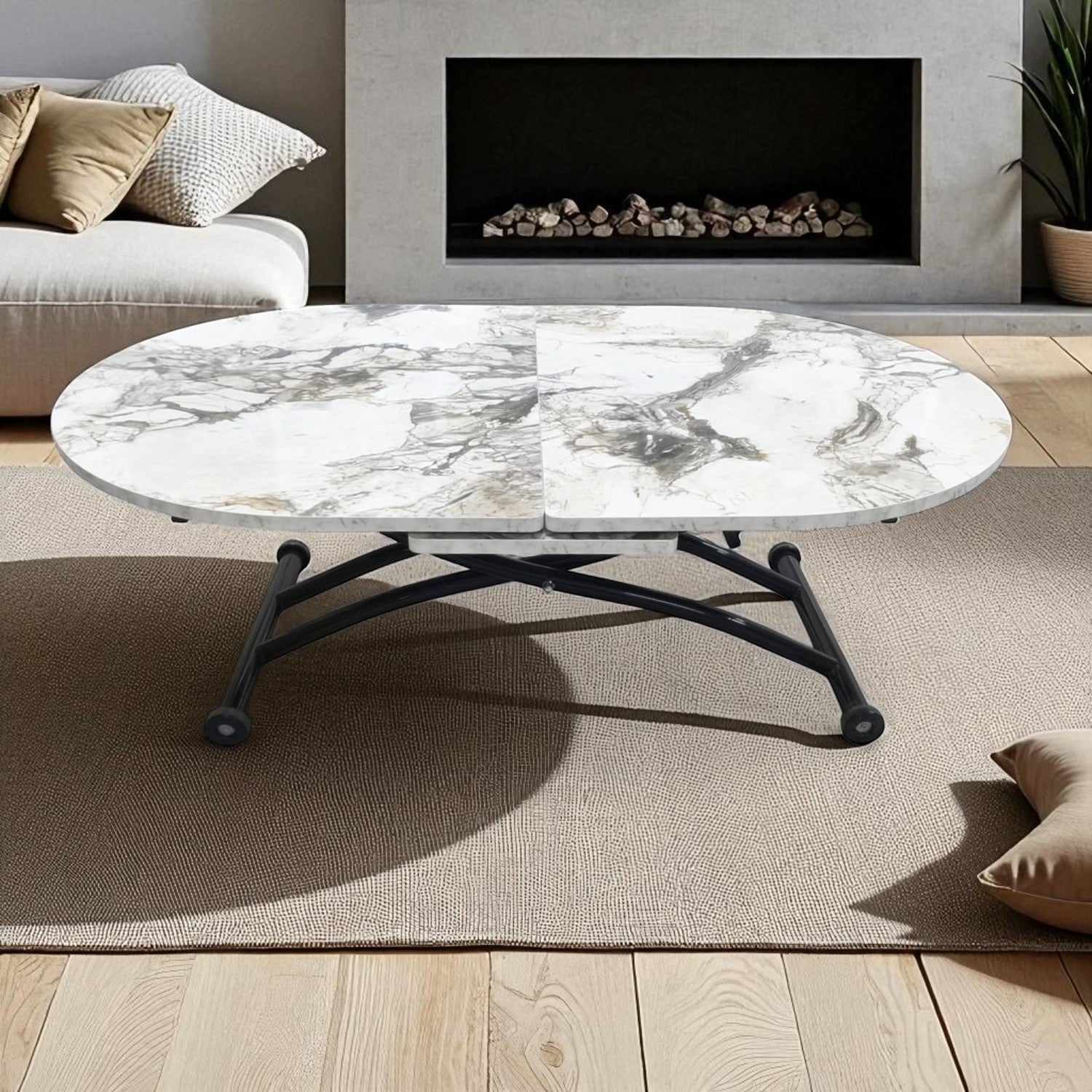Center Opening Oval Smart Table | White Marble MDF & Black