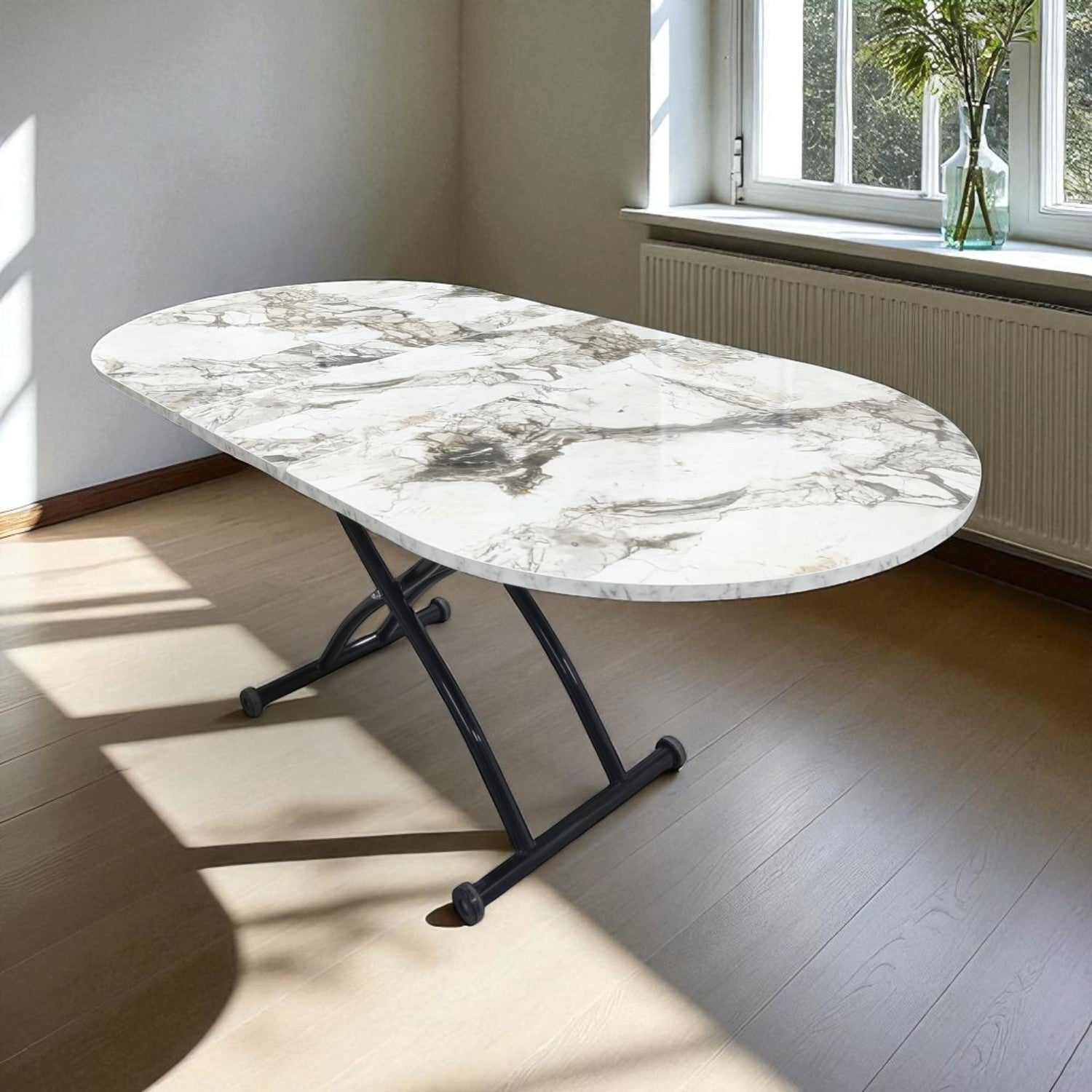 Center Opening Oval Smart Table | White Marble MDF & Black