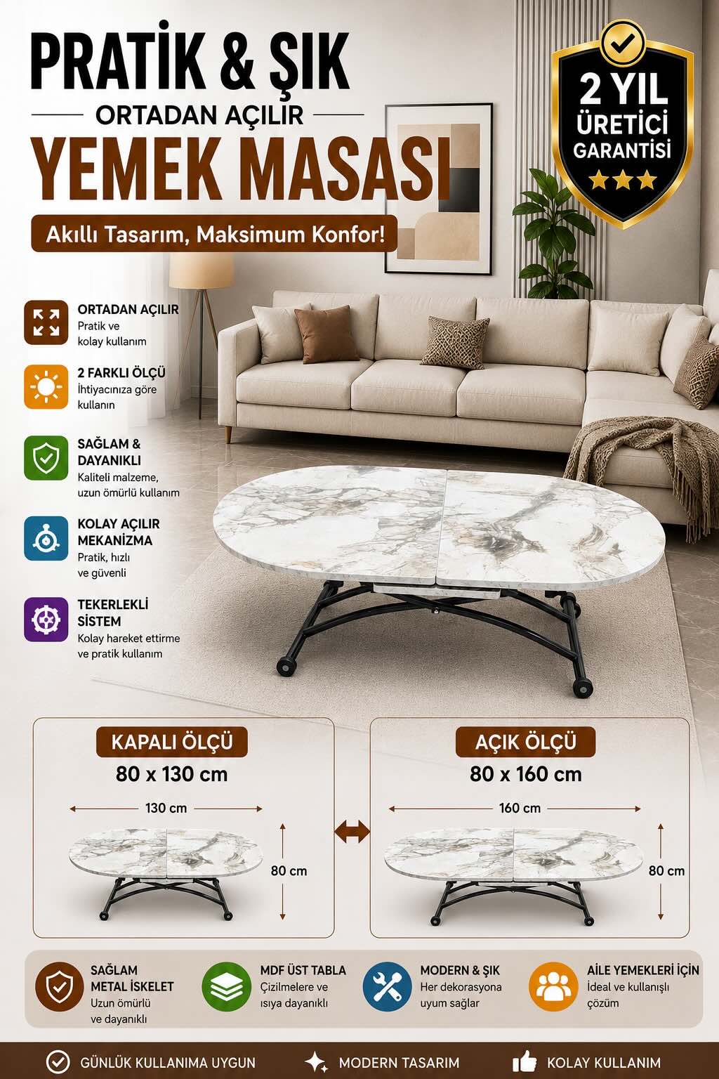 Center Opening Oval Smart Table | White Marble MDF & Black