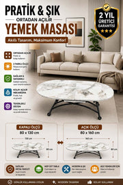 Center Opening Oval Smart Table | White Marble MDF & Black