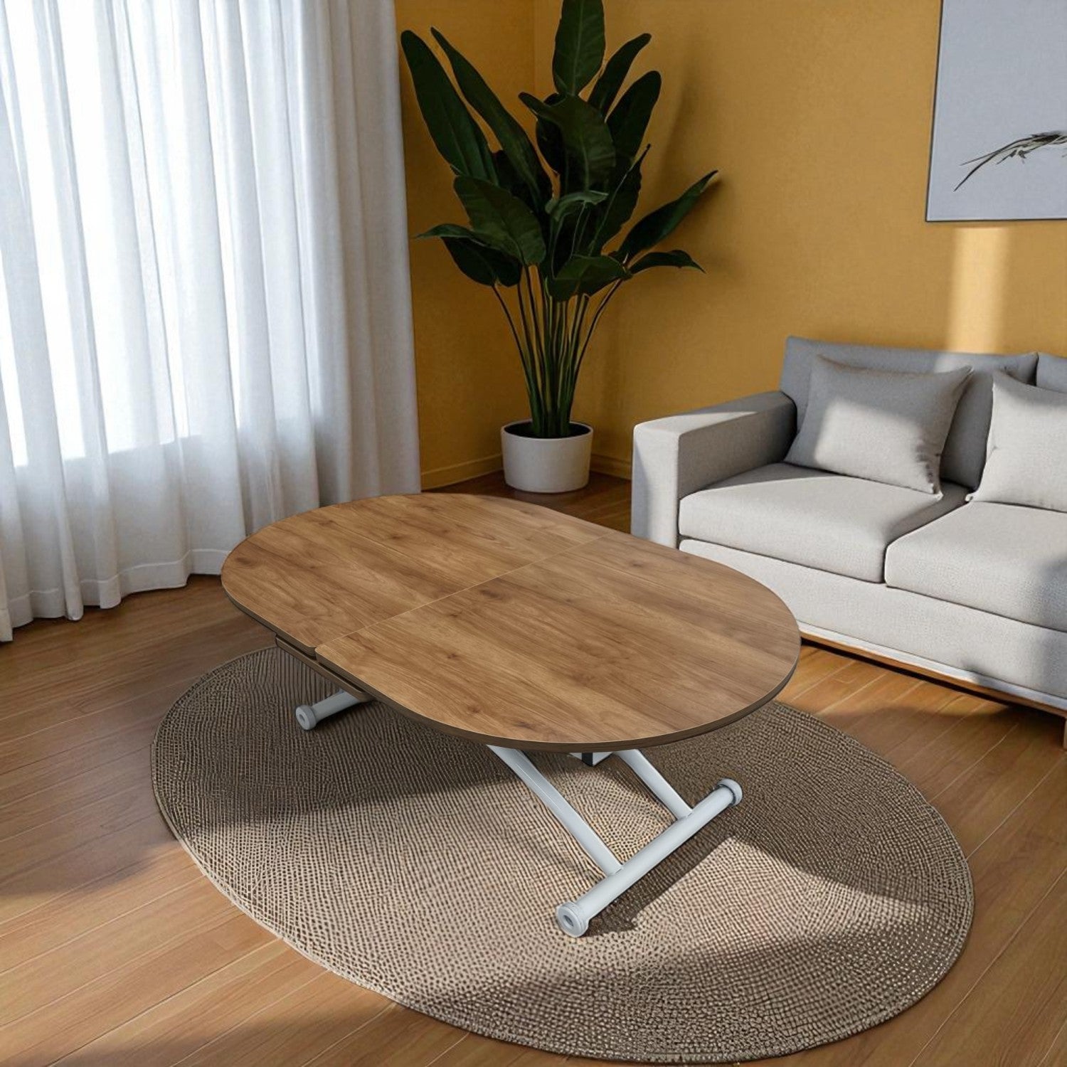Ortadan Açılır Oval Akıllı Masa | Ceviz MDF & Beyaz